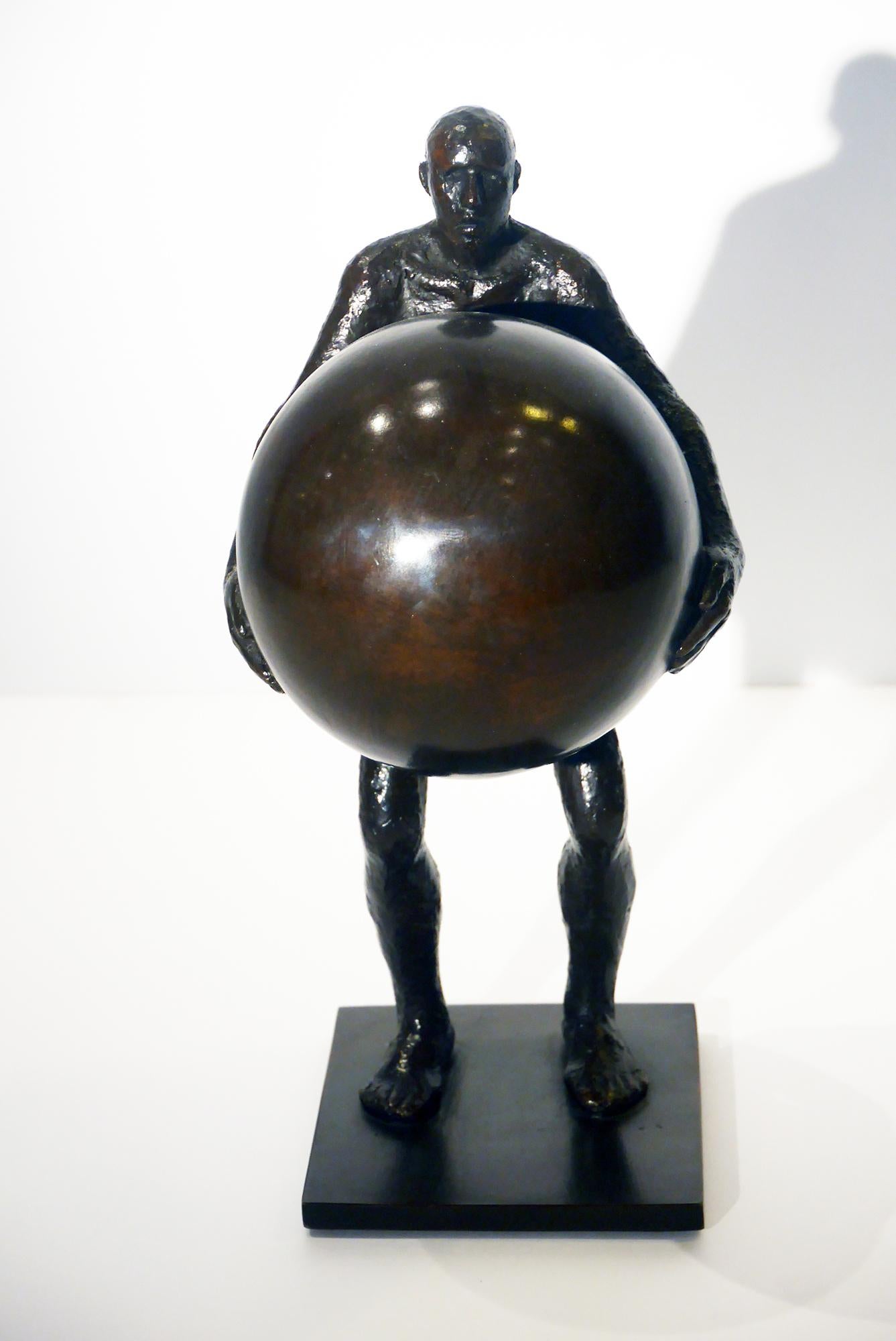 Maguy Banq Figurative Sculpture - Atlas, figurative sculpture, bronze, muscular naked man handling earth by Banq