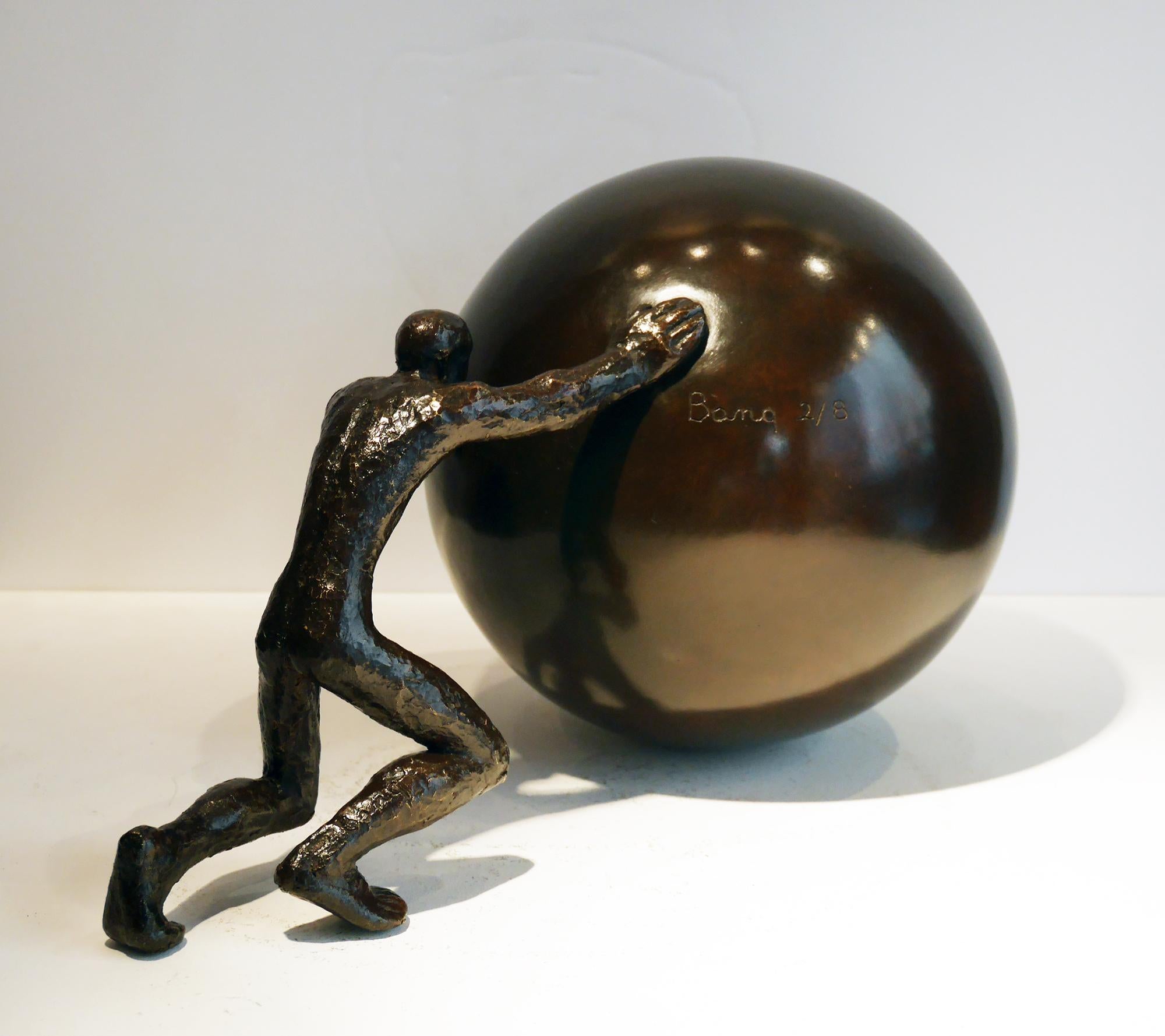 Sisyphus, figurative sculpture, bronze, mythology, man pushing rock, Maguy Banq 1
