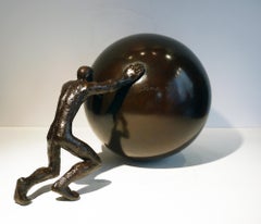 Sisyphus, figurative sculpture, bronze, mythology, man pushing rock, Maguy Banq