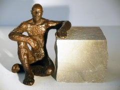 La pause,  figurative bronze by Maguy Banq minimalist male nude seating
