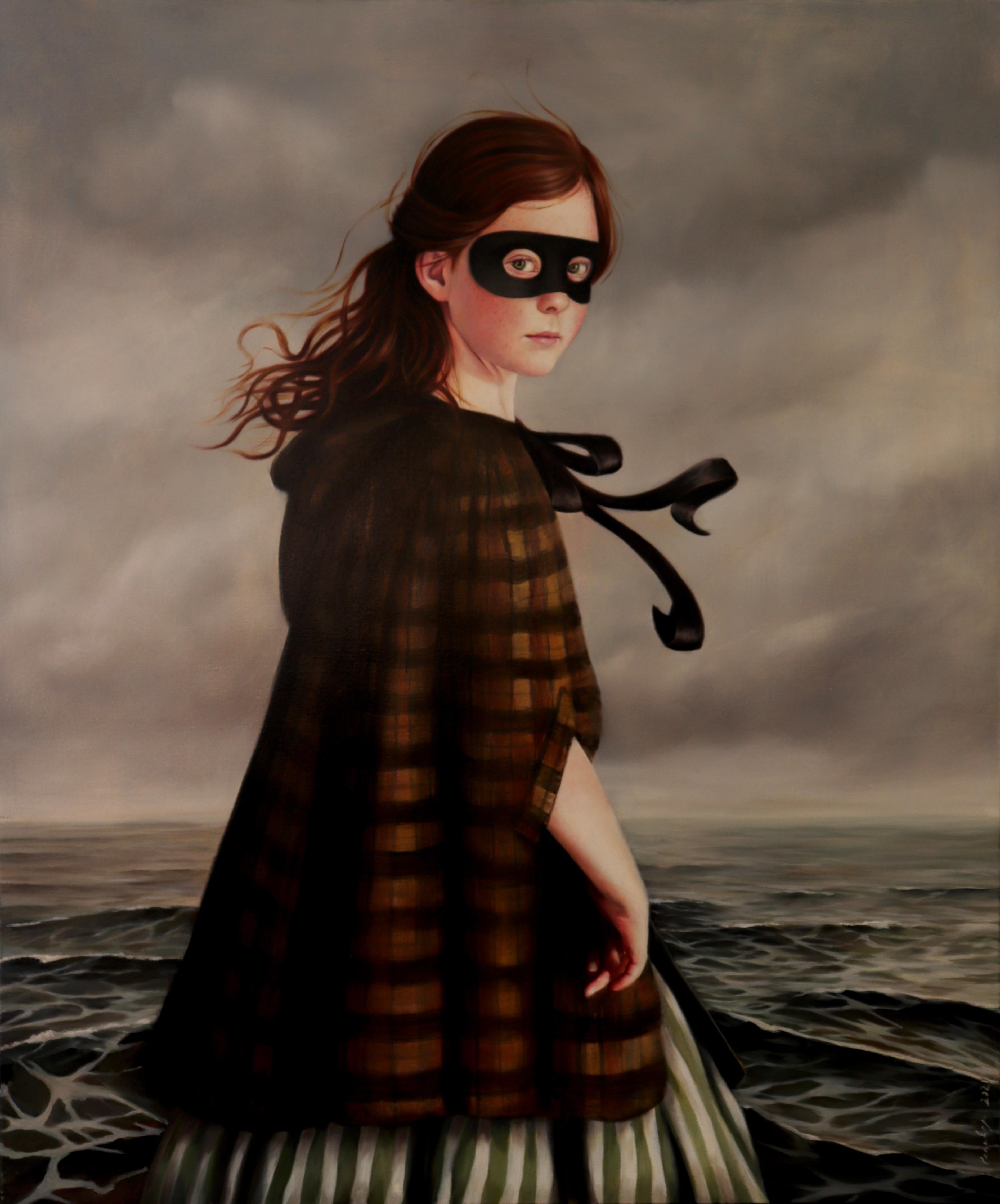 Silent Grey - Oil Painting, Girl in Mask with Ocean, Old World Dress, Portrait