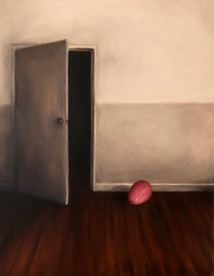 A Little Fright - Old Masters Painting of Door with Balloon, Grey and Pink