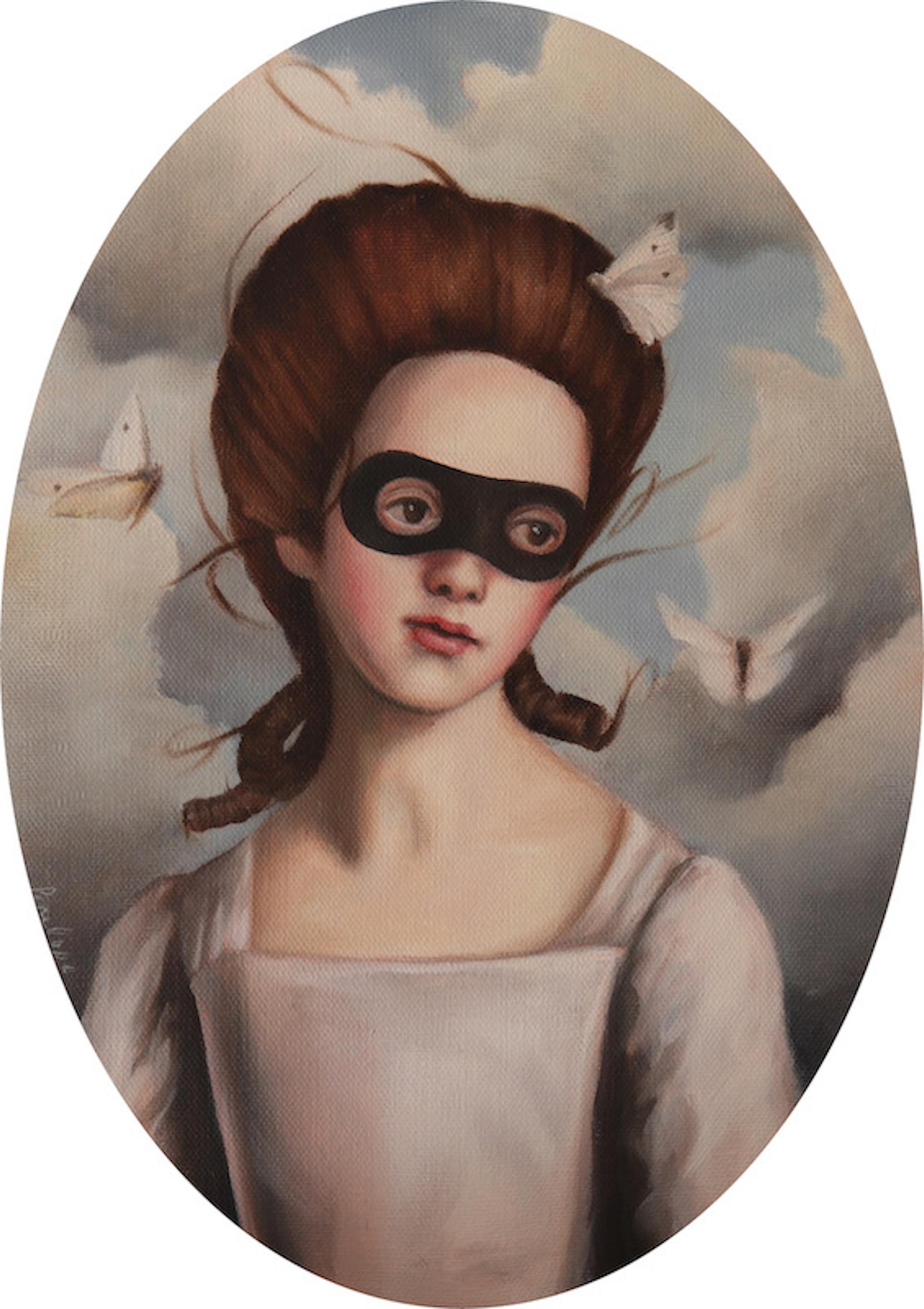 Penelope Boyd Figurative Painting - Plentiful - Oval Portrait of Masked Woman with sky background and butterflies