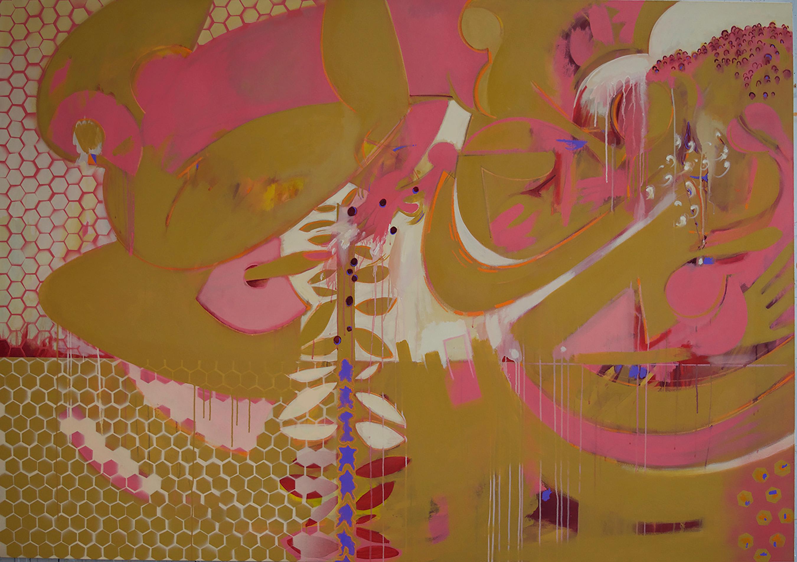 Paul Thomas Abstract Painting - Its still life 7 - Abstract, Mustard, Pink, white, Honeycomb shapes