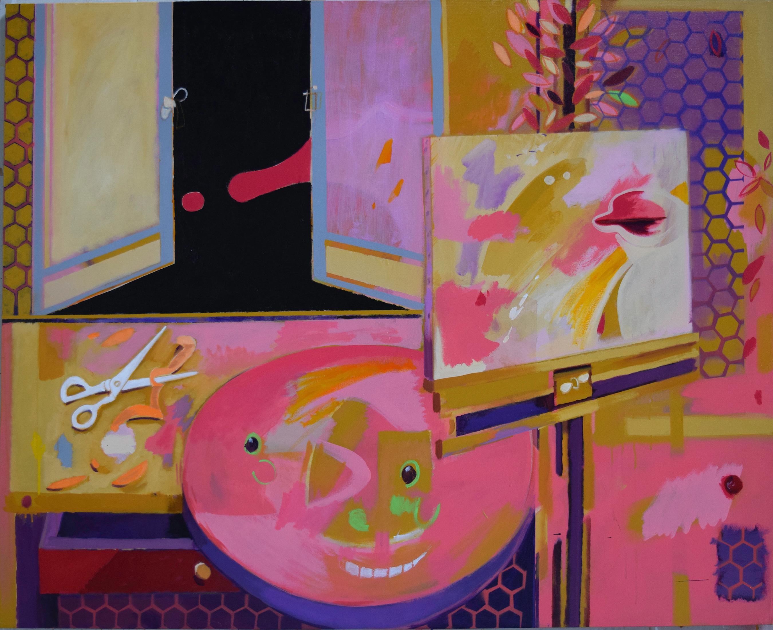 Paul Thomas Still-Life Painting - It is a still life 3 - Still life abstract, painting in foreground, pink, purple