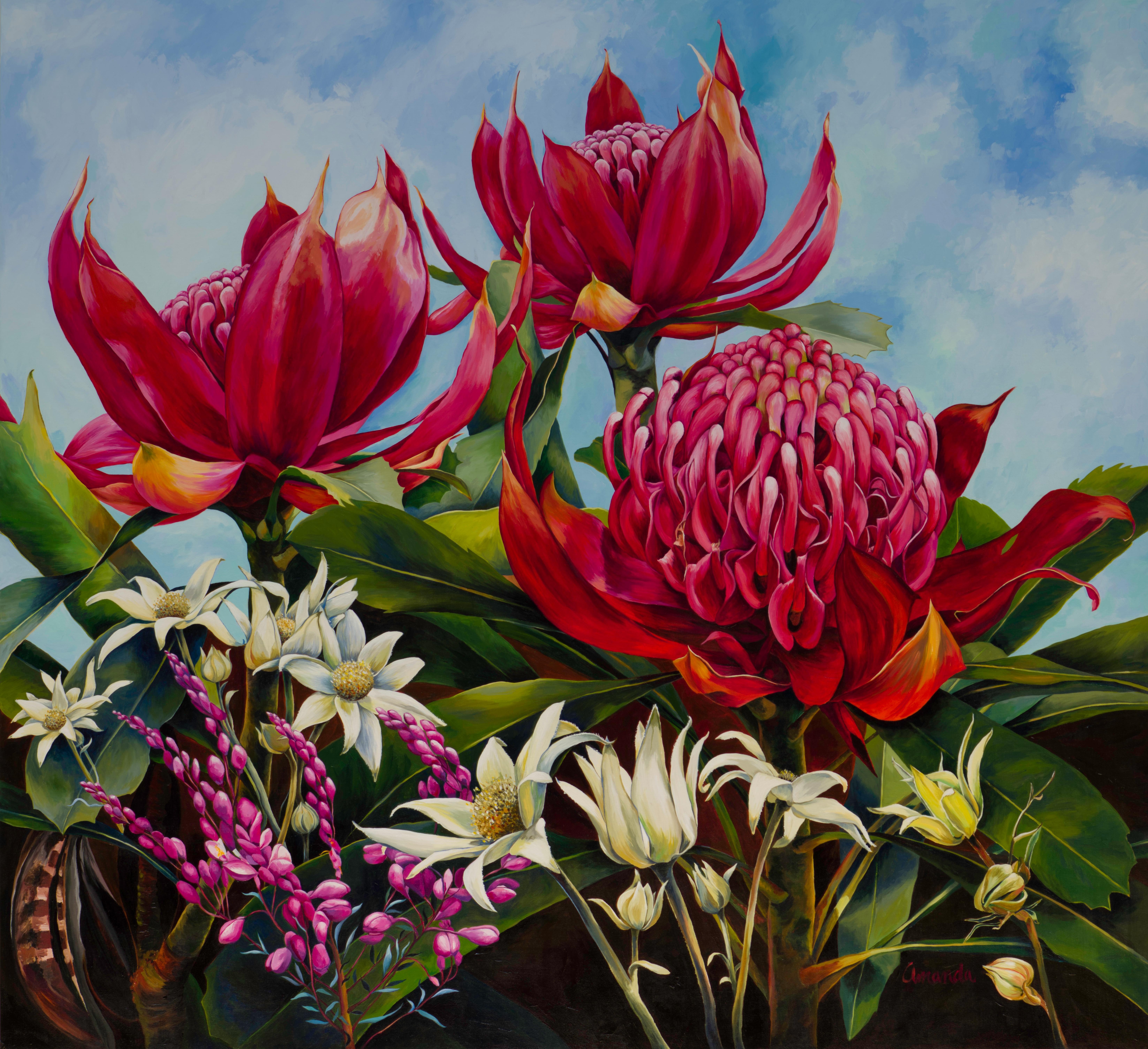 Amanda McPaul Landscape Painting - Abundance - Botanical painting, Waratah landscape painting, Red, blue and green