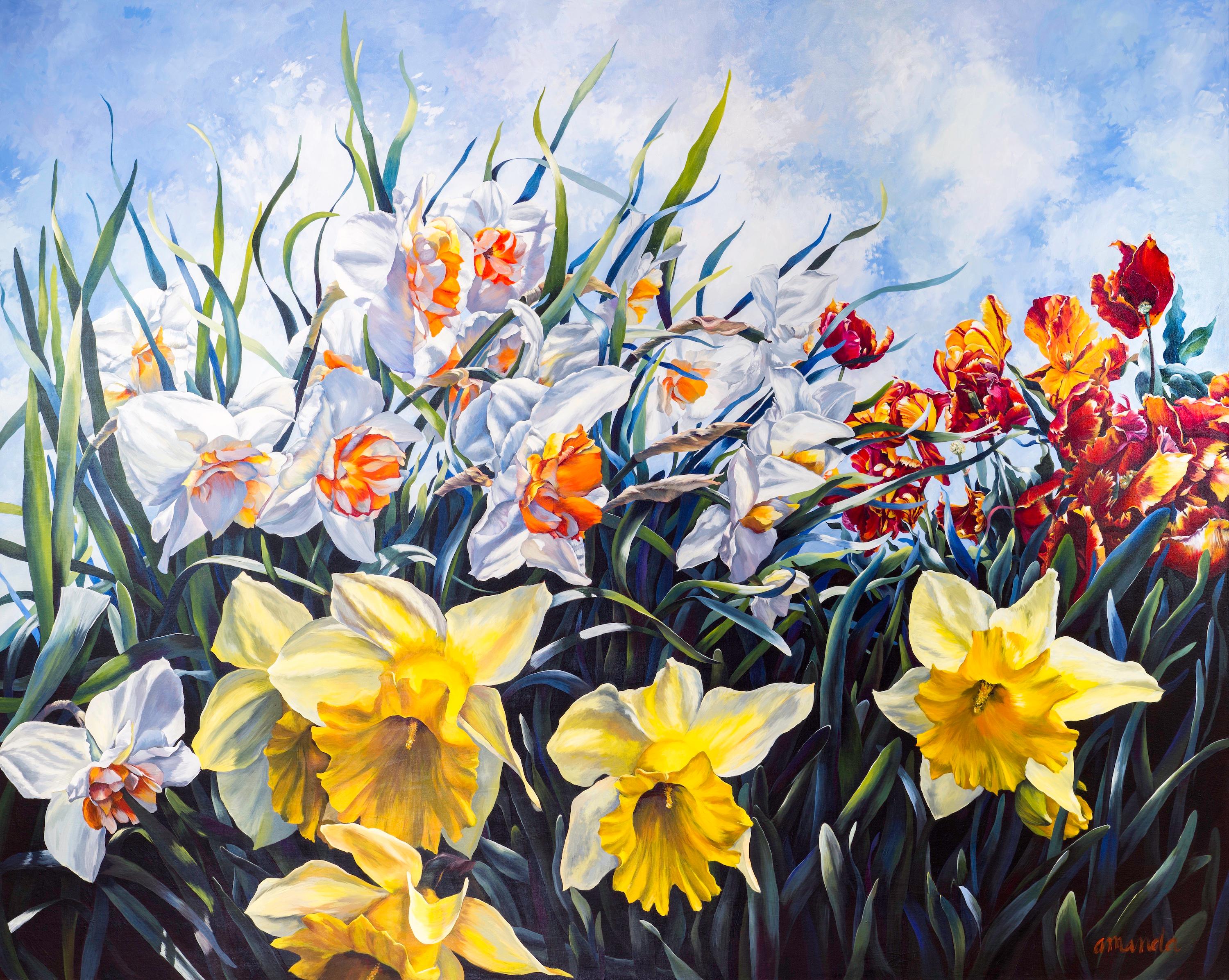 Dancing in the Light - A striking acrylic painting of large Daffodils and tulips