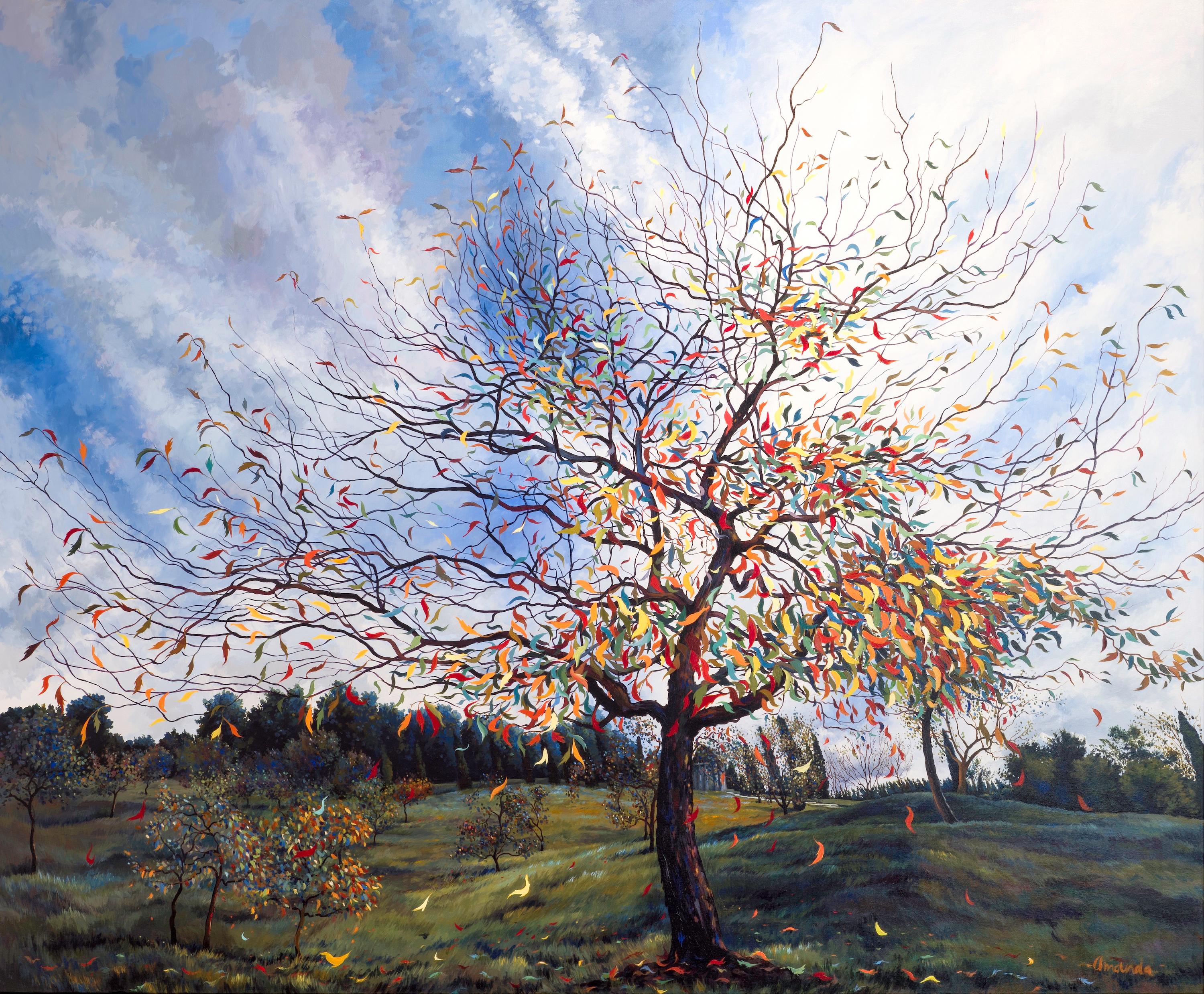 Amanda McPaul Landscape Painting - Fluttering Leaves - Painted in softer colours reds, blues, yellow, green.