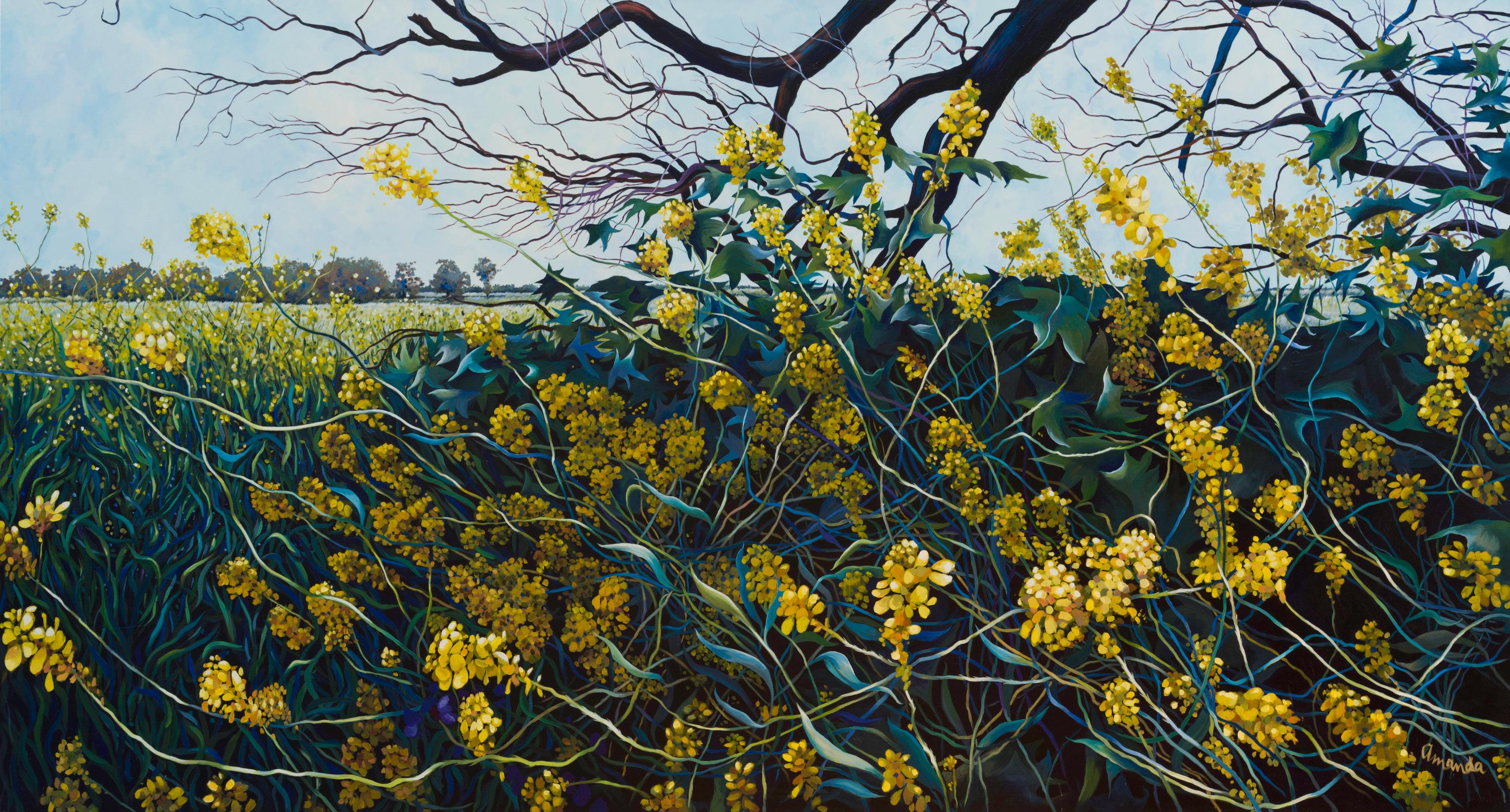 Amanda McPaul Landscape Painting - Pathways -  Wild flowers after the rain, country Australia, Green, Yellow, Blue.