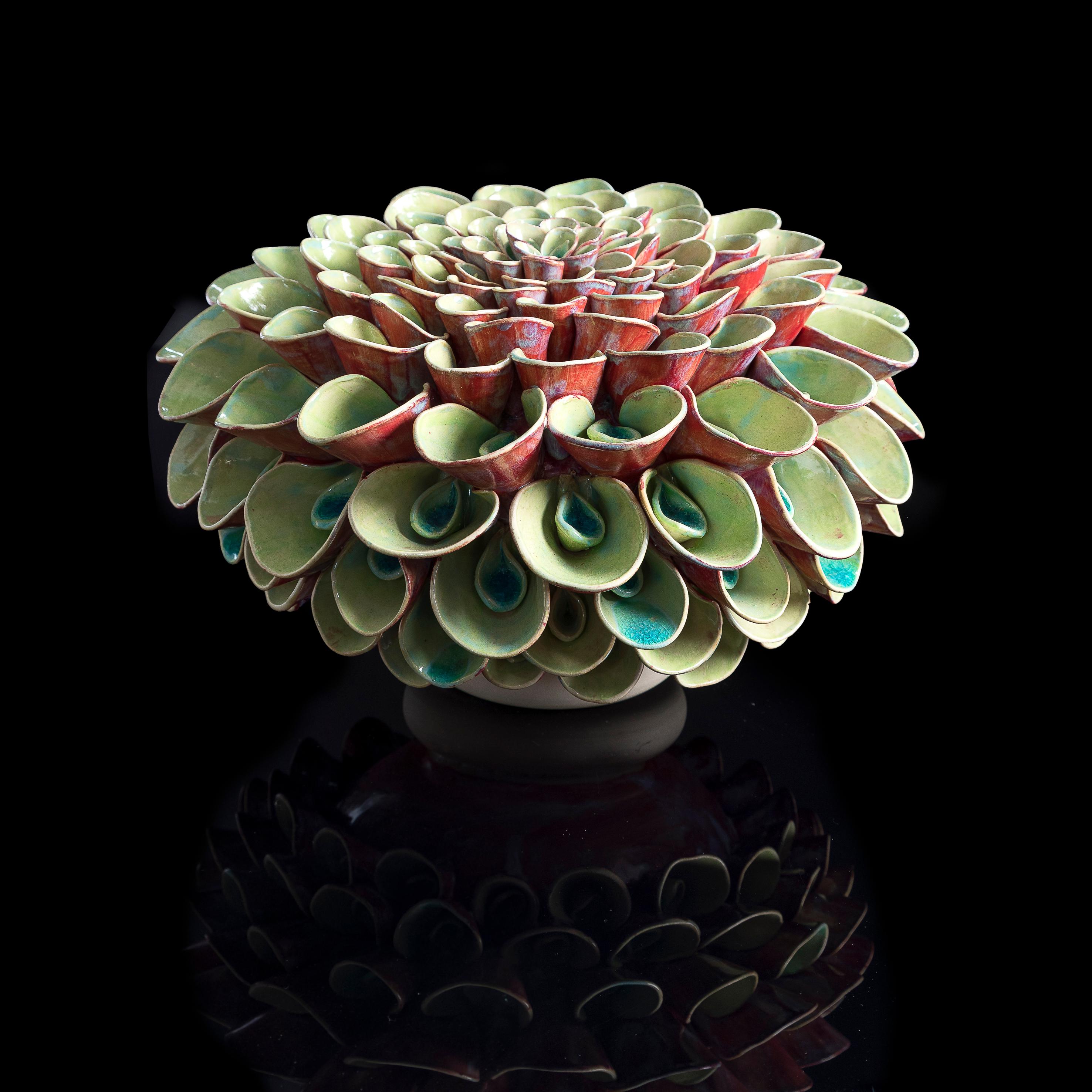 Frances Doherty Still-Life Sculpture - Lime and Cherry Pompom -  inspired by flowers and plants around us, red, green