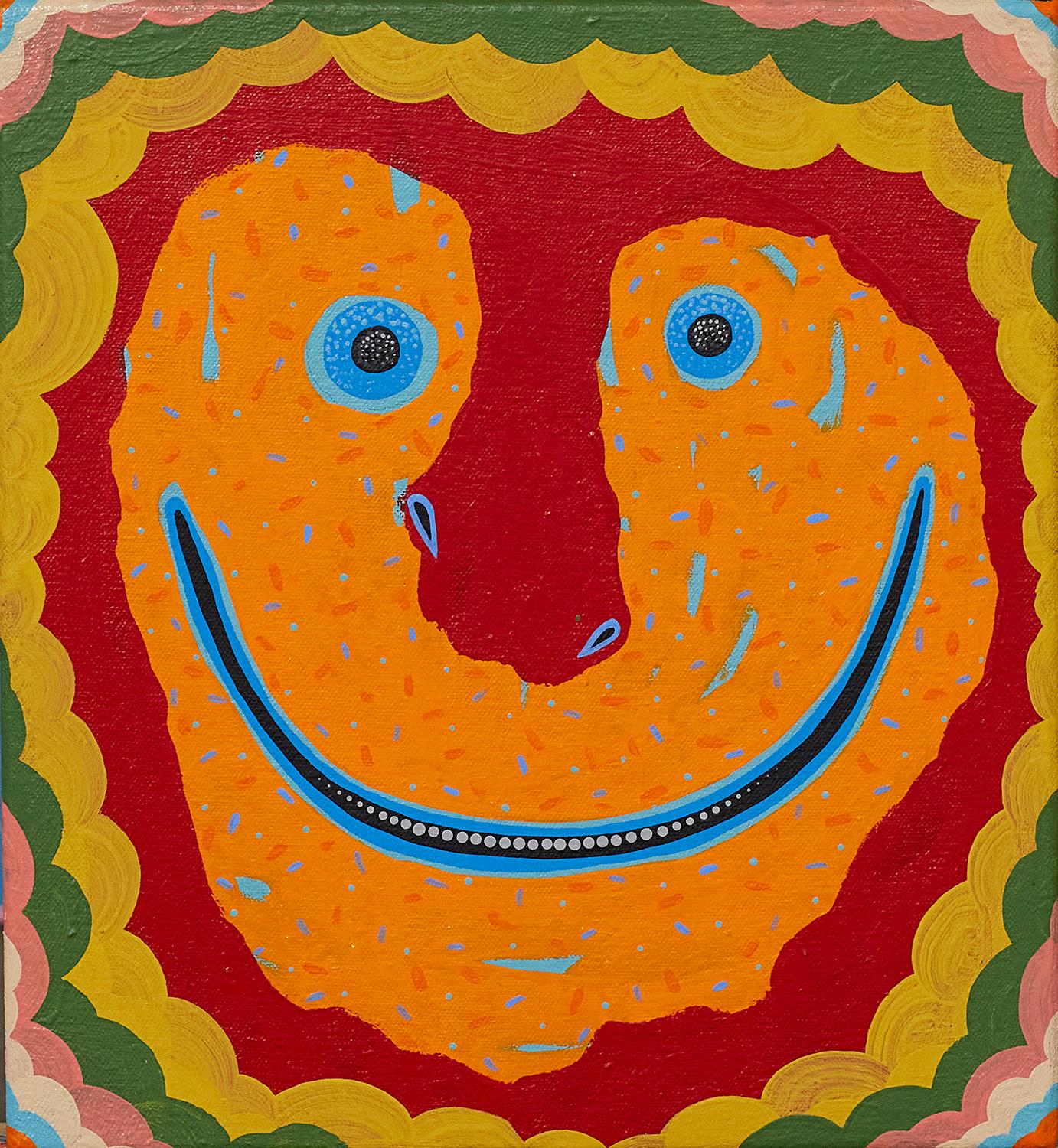 Dan Withey Abstract Painting - Staying Positive while Void Gazing - smile, red, orange, mustard, blue, green