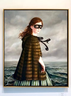 Silent Grey - Oil Painting, Girl in Mask with Ocean, Old World Dress, Portrait