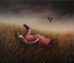 Amusement - Girl in Pink Dress catching Bird, laying in grass, old masters style
