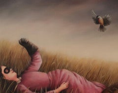 Amusement - Girl in Pink Dress catching Bird, laying in grass, old masters style