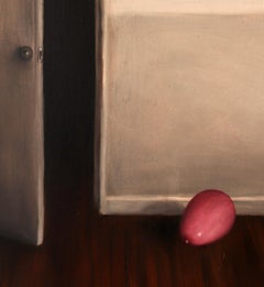 A Little Fright - Old Masters Painting of Door with Balloon, Grey and Pink