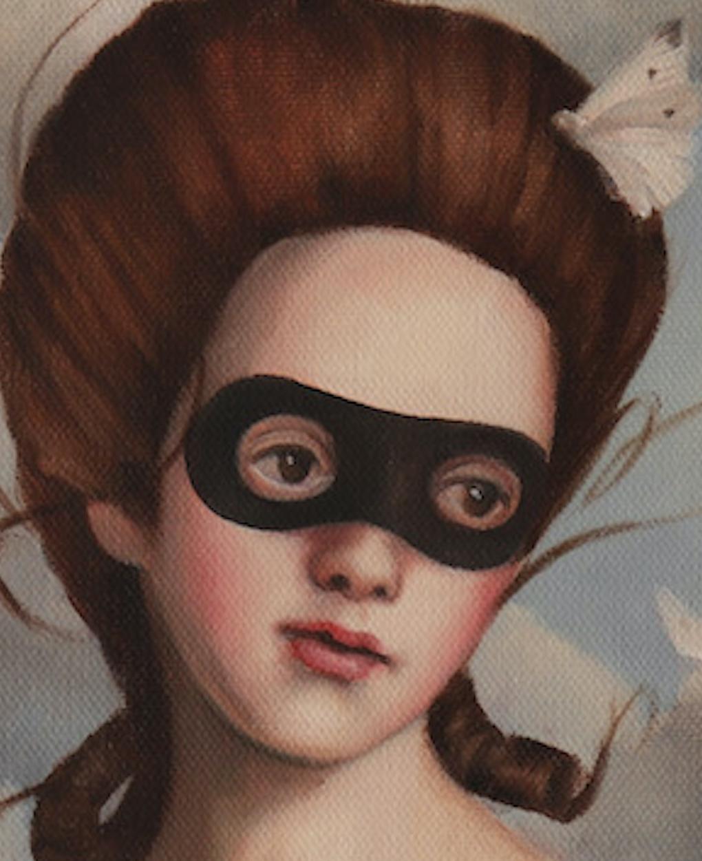 Plentiful - Oval Portrait of Masked Woman with sky background and butterflies - Painting by Penelope Boyd