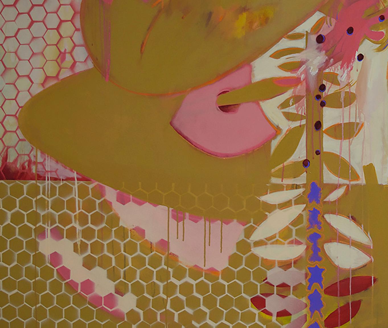 Its still life 7 - Abstract, Mustard, Pink, white, Honeycomb shapes - Painting by Paul Thomas
