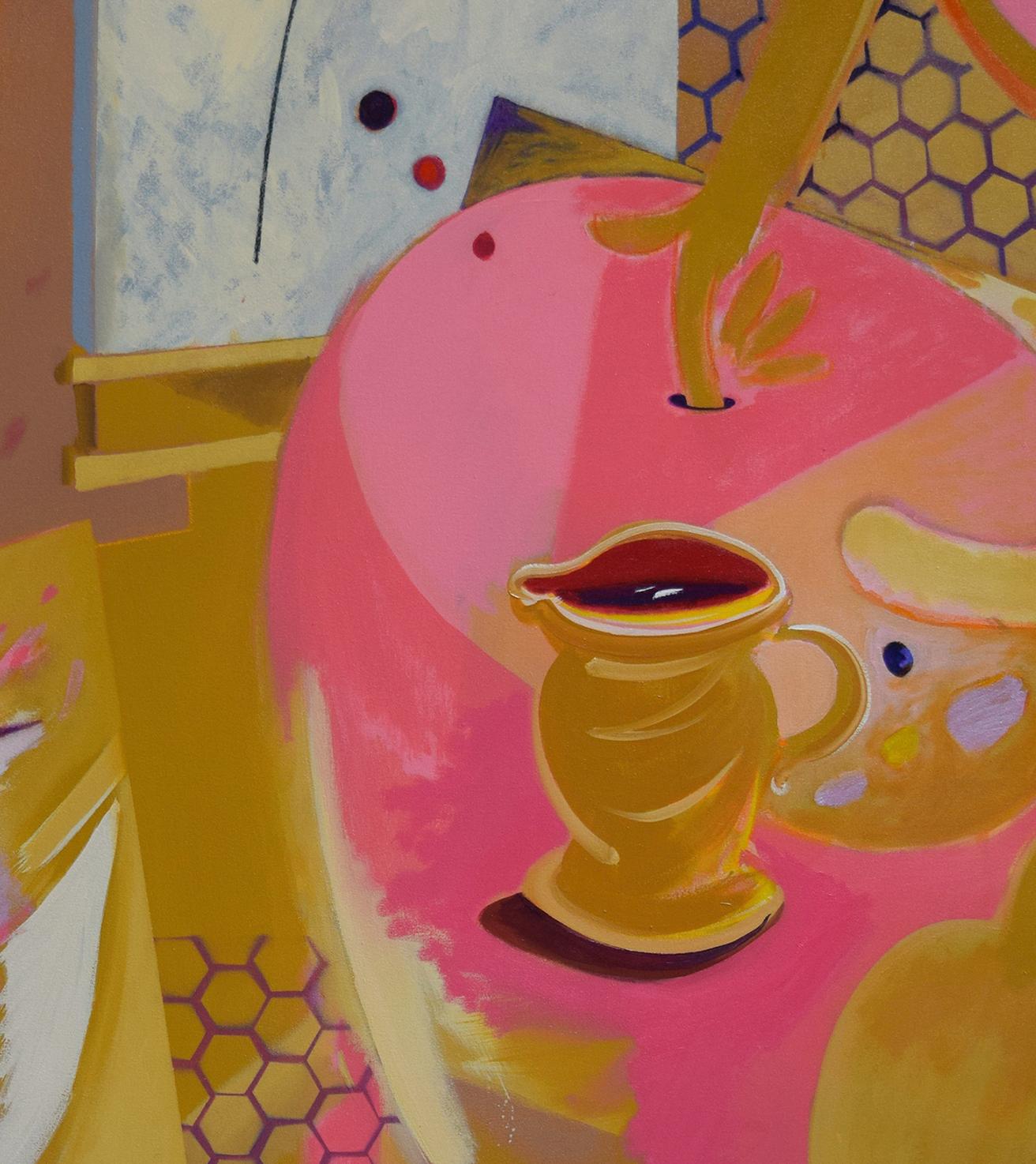 Its still life 5 - Pink, Red, Purple, Mustard, Cezanne & Braque influence - Painting by Paul Thomas