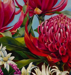 Abundance - Botanical painting, Waratah landscape painting, Red, blue and green
