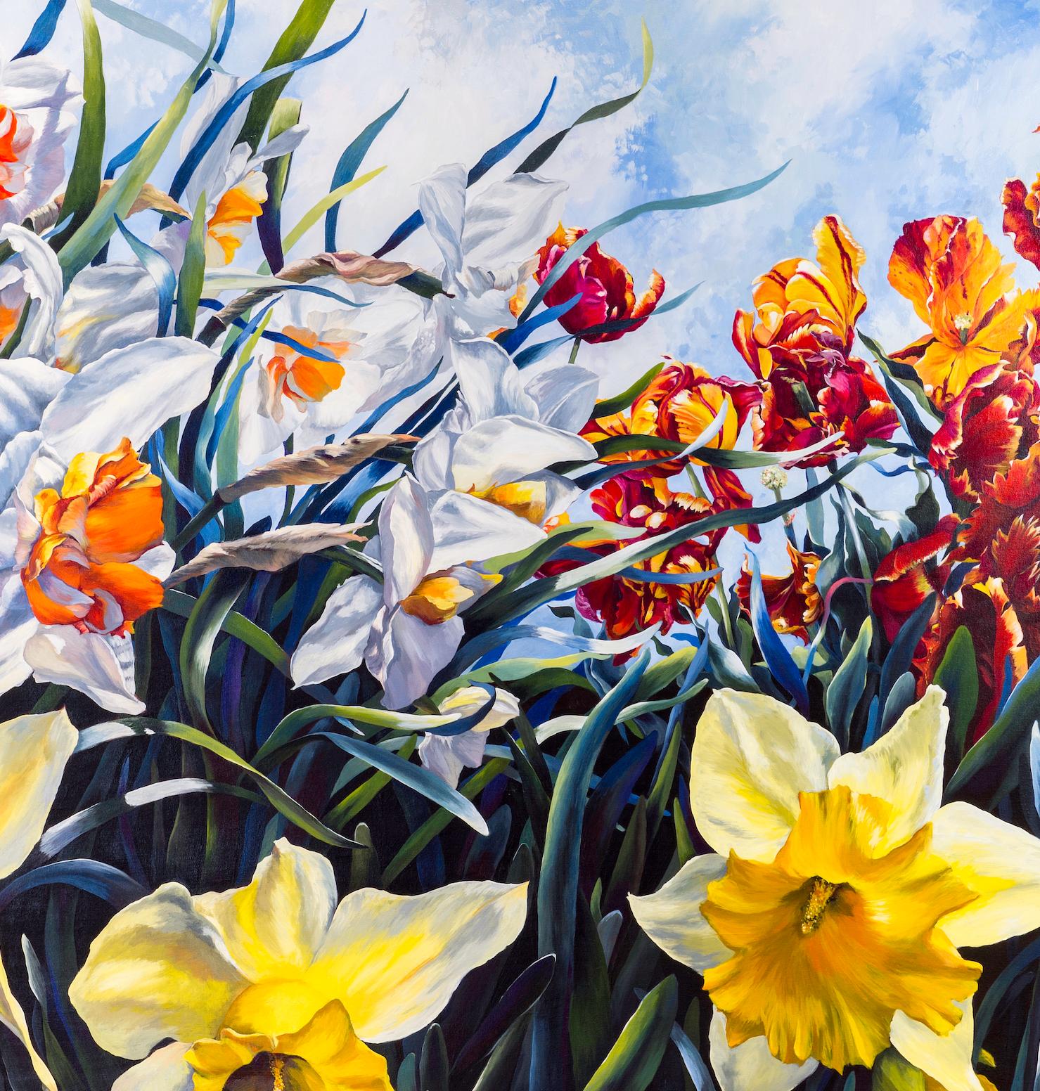 Dancing in the Light - A striking acrylic painting of large Daffodils and tulips - Painting by Amanda McPaul