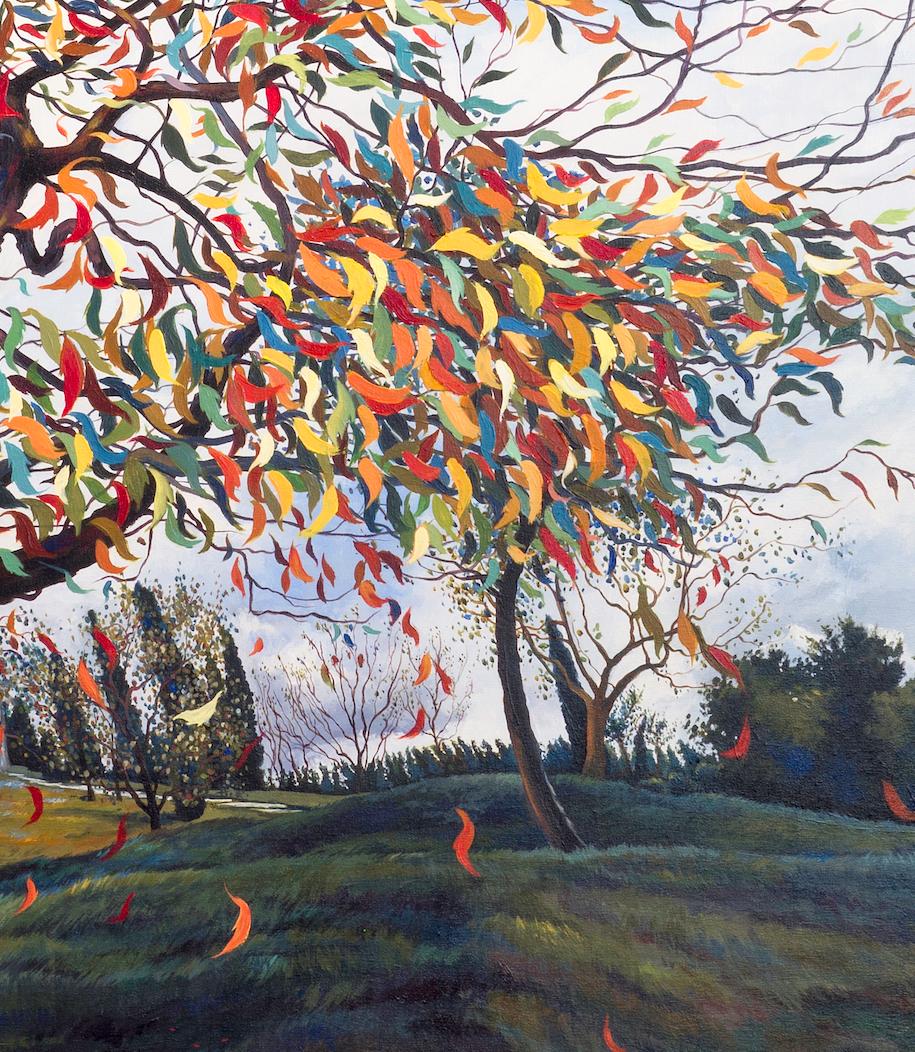 Fluttering Leaves - Painted in softer colours reds, blues, yellow, green. - Painting by Amanda McPaul