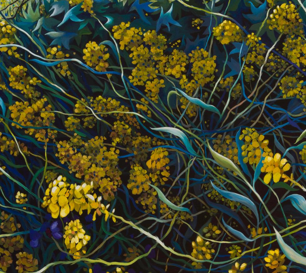 Pathways -  Wild flowers after the rain, country Australia, Green, Yellow, Blue. - Painting by Amanda McPaul