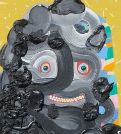First impressions - Fun, figurative symbology, mustard, grey, pink, white