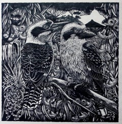 Dawn and Dusk - Relief Linocut Print of Australian Kookaburra's and Flowers