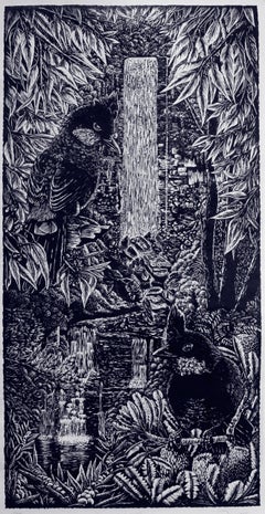 Time Cast a Spell - Relief Linocut Print of Australian Birds and a Waterfall