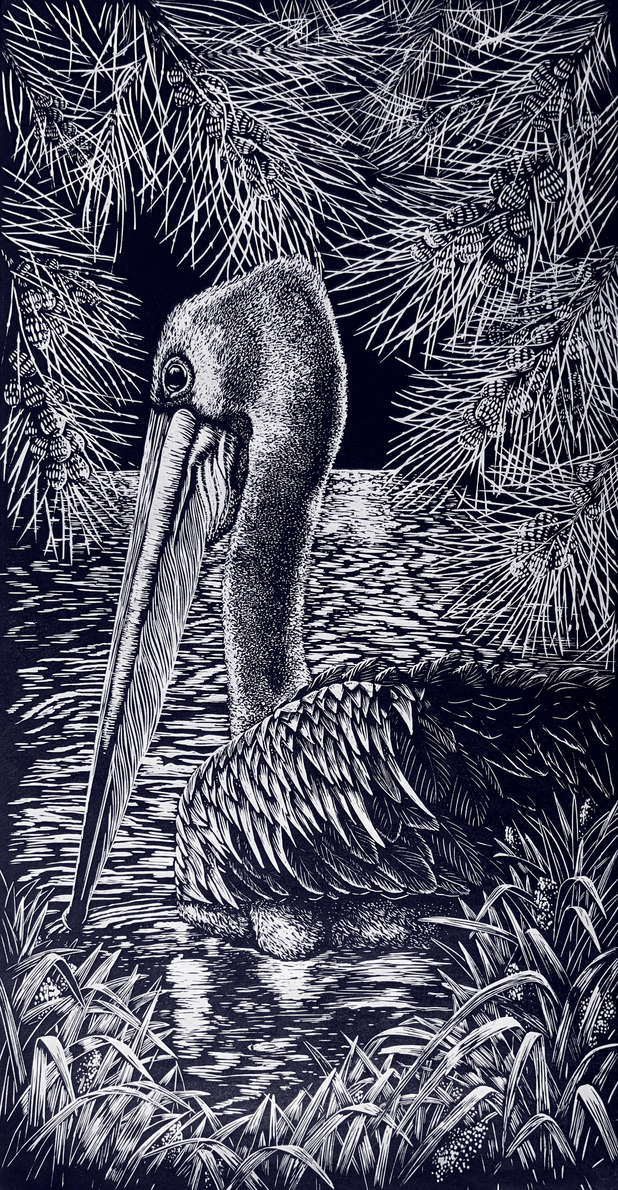Shallow Waters II - Relief Linocut Print of Australian Pelican in a Waterhole - Art by Peta West