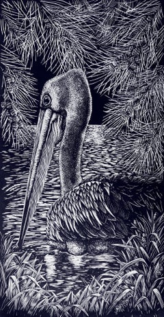 Shallow Waters II - Relief Linocut Print of Australian Pelican in a Waterhole