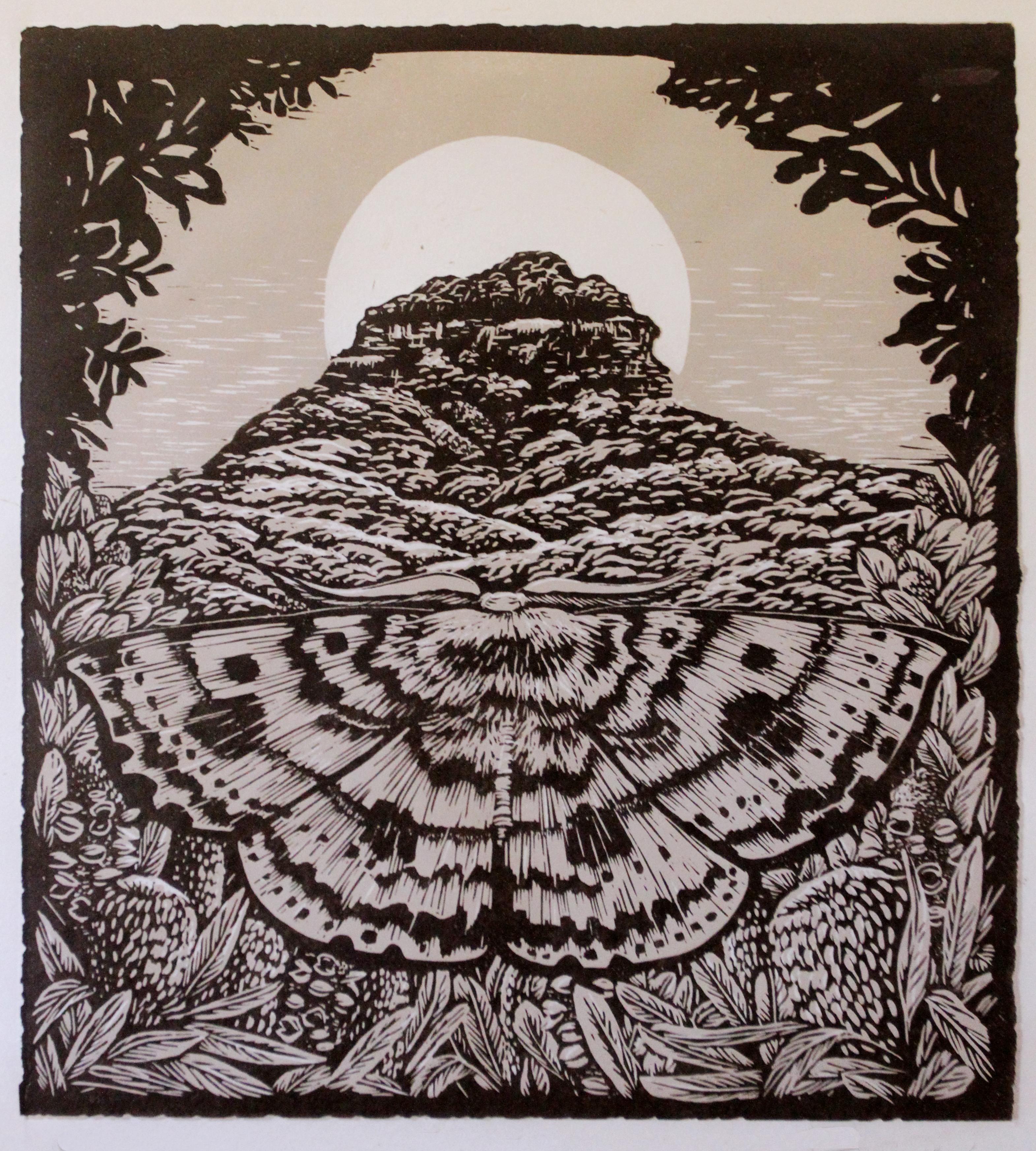 Peta West Animal Print - Dithul -Two Colour Reduction Print, Moth and Mountain