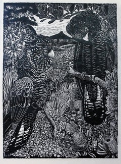 This is Yuin Country - Relief Linocut Print of Yellow Tailed Black Cockatoos