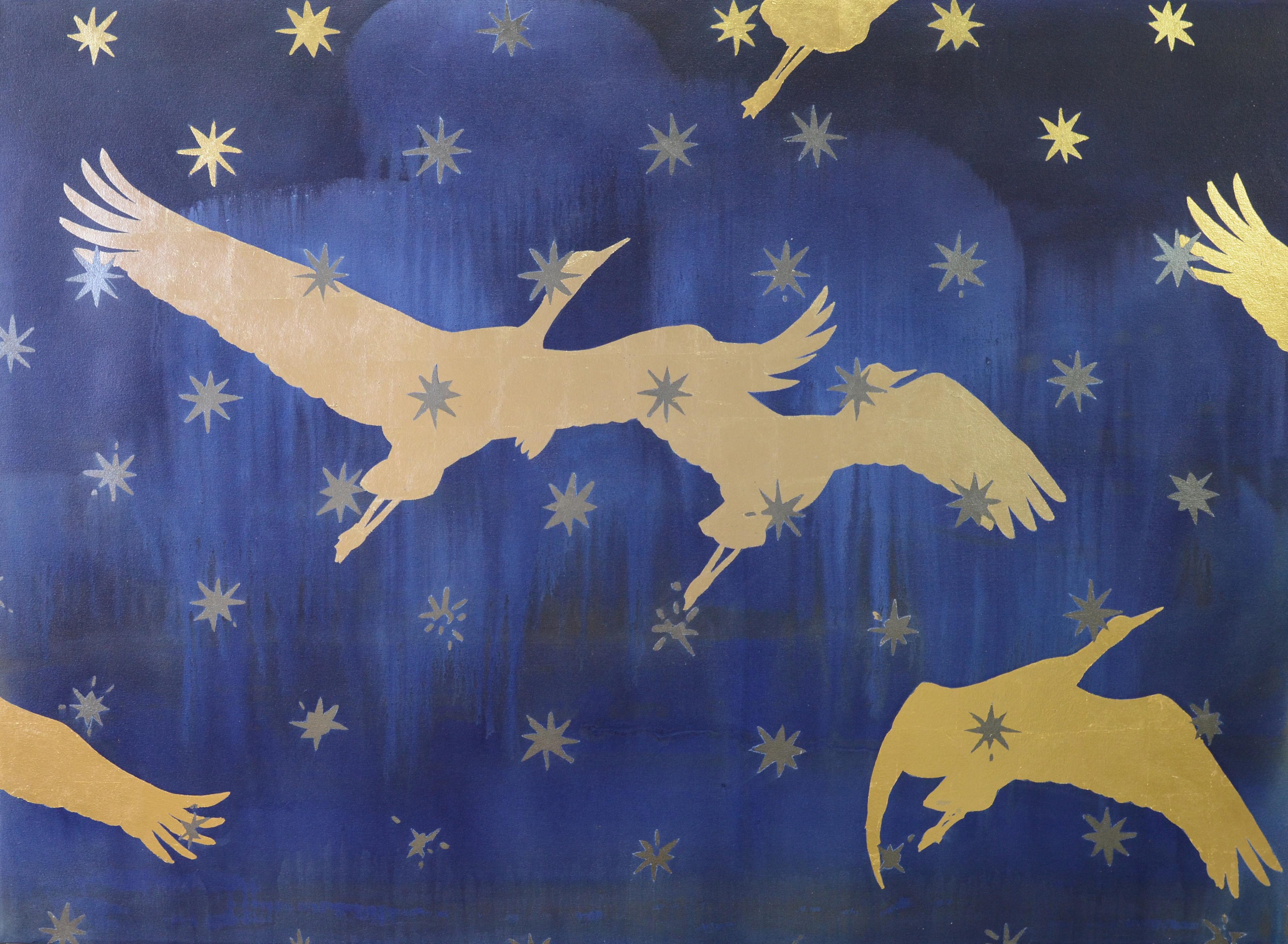 Cranes Sky Stars - Mixed Media Art by Tom Swanston