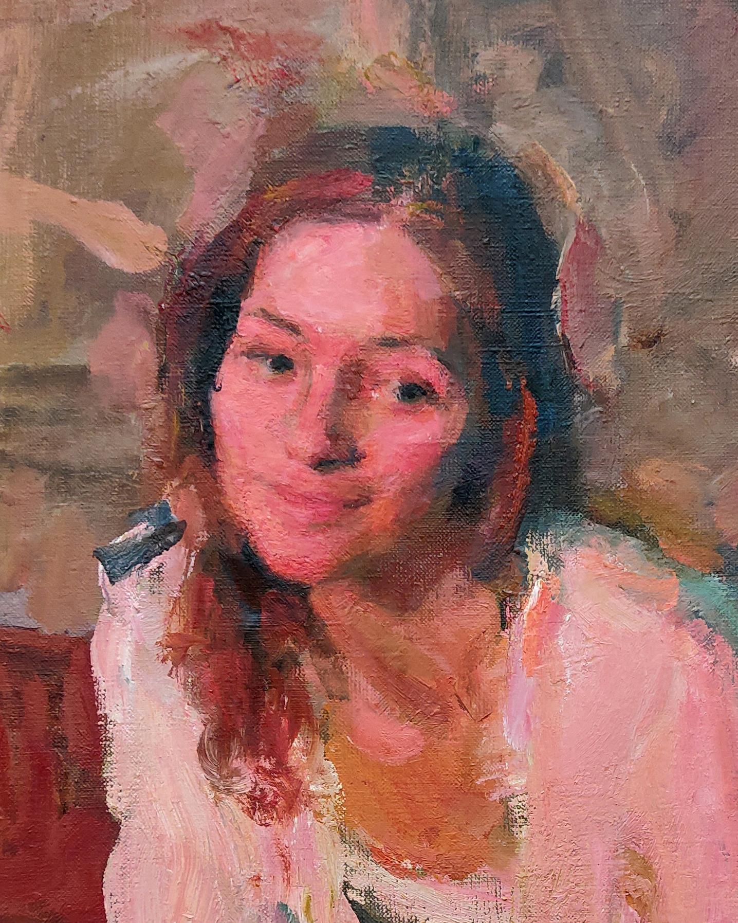 Portrait of Galina Under a Red Light - 21st Century Contemporary Oil Painting  - Brown Portrait Painting by Samir Rakhmanov
