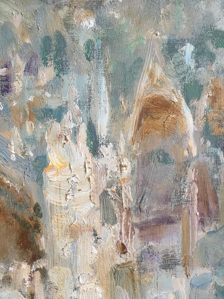 Flooded in the broad afternoon light and peppered with exquisite details, “Rouen Cathedral” by Valeria Privalikhina is a quintessential Impressionist cityscape painting. Here Valeria applies her technical skillset to the fullest; starting with fine