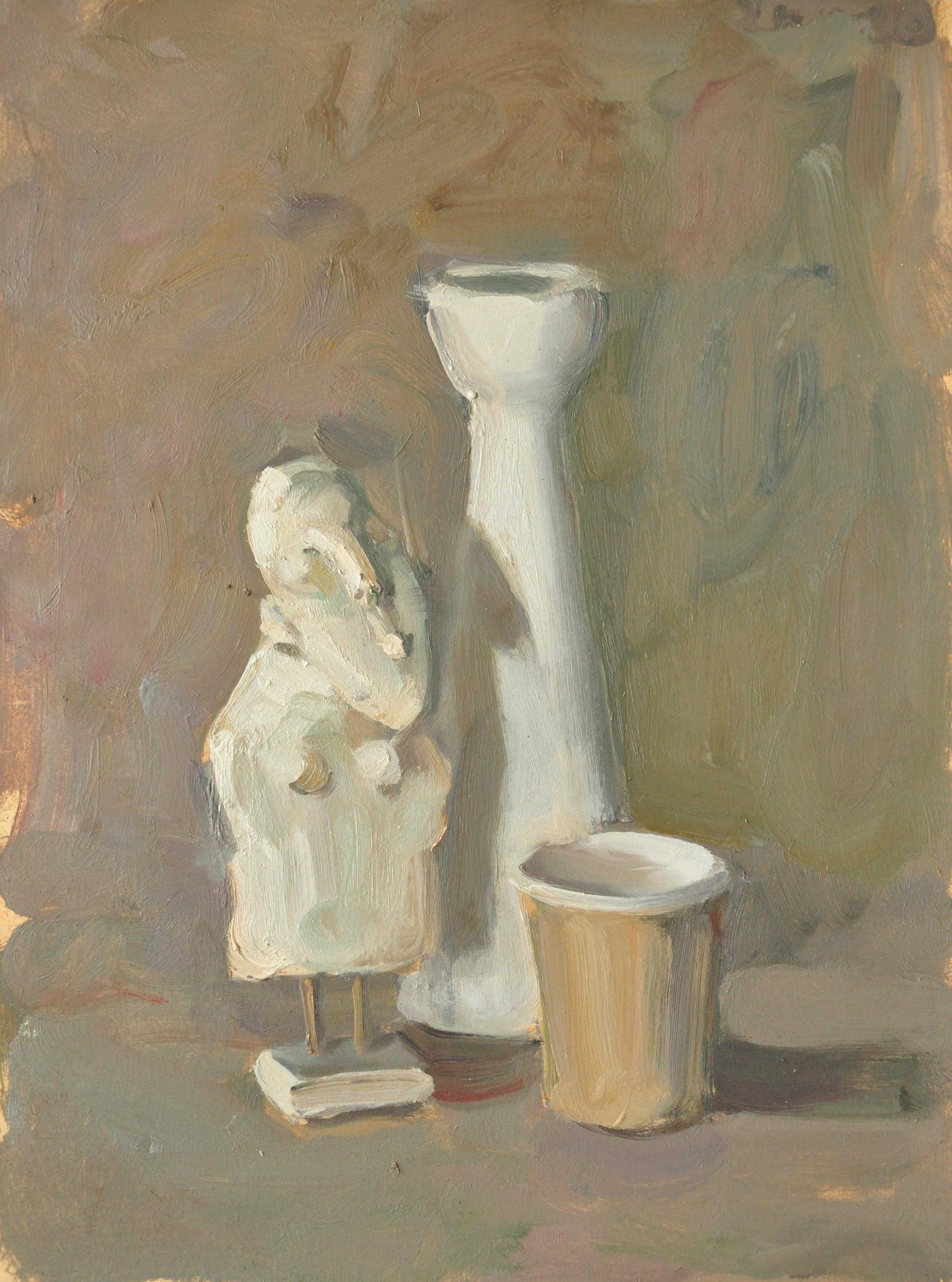 In "Still Life With a Statuette of Papier-Mâché" by Yaroslava Tichshenko, items seem to hold little personal significance; rather, they belong to a world where silence reigns and time is suspended.

The perfectly balanced composition in a warm yet