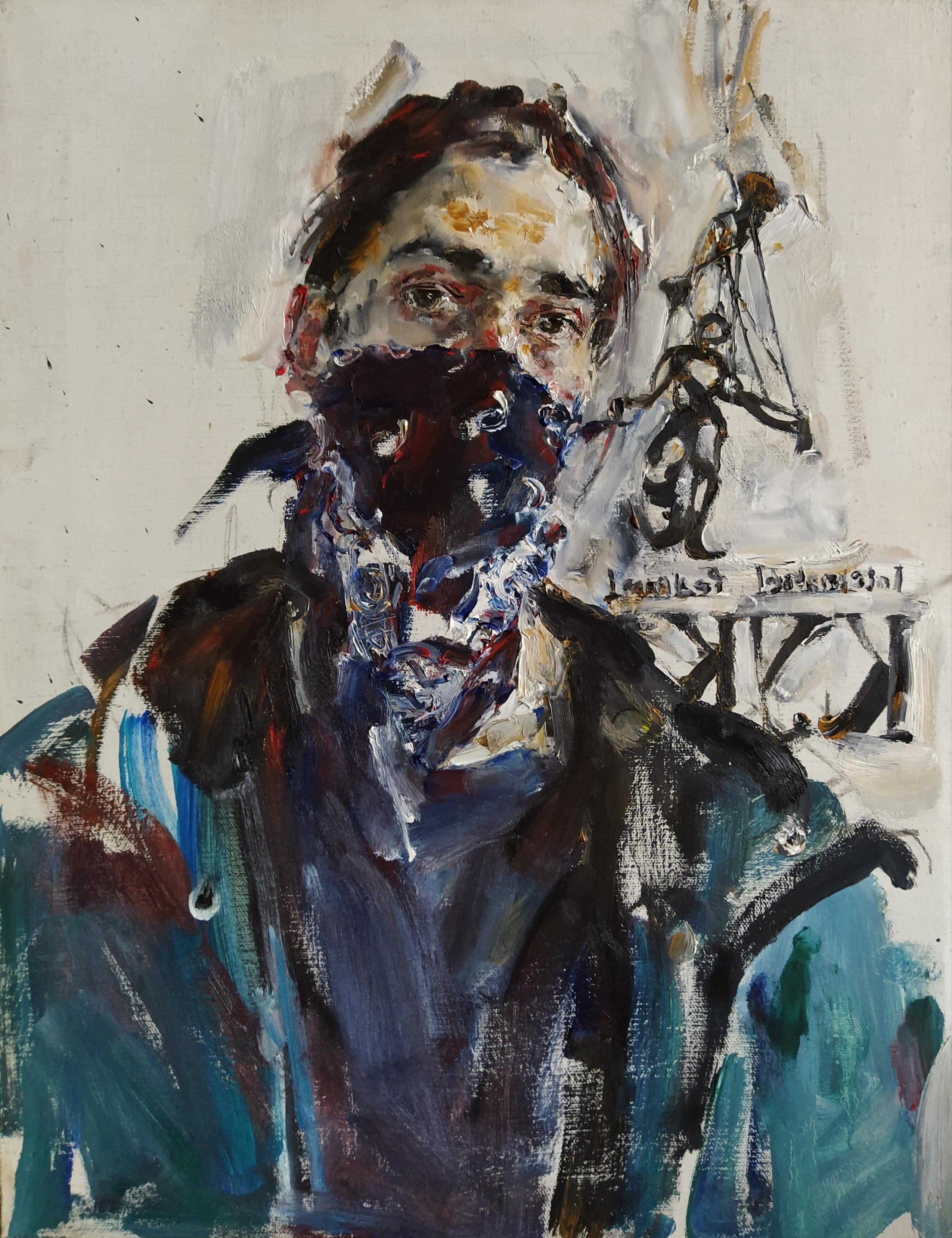 Yuriy Ushakov Figurative Painting - Self-Portrait in Quarantine - 21st Century Contemporary Oil Painting