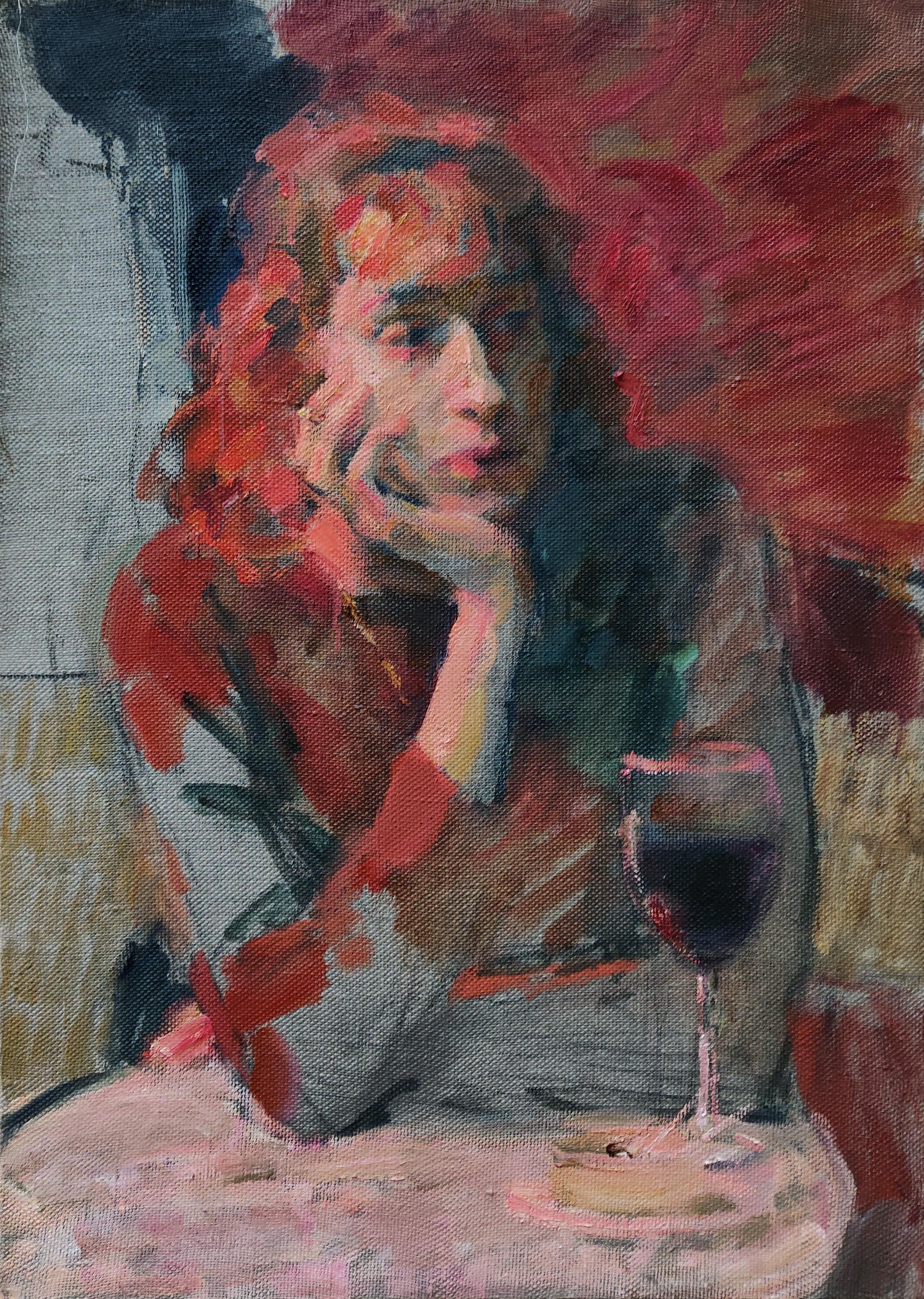 Samir Rakhmanov Figurative Painting - Female With a Glass of Wine - 21st Century Contemporary Paris Cafe Oil Painting