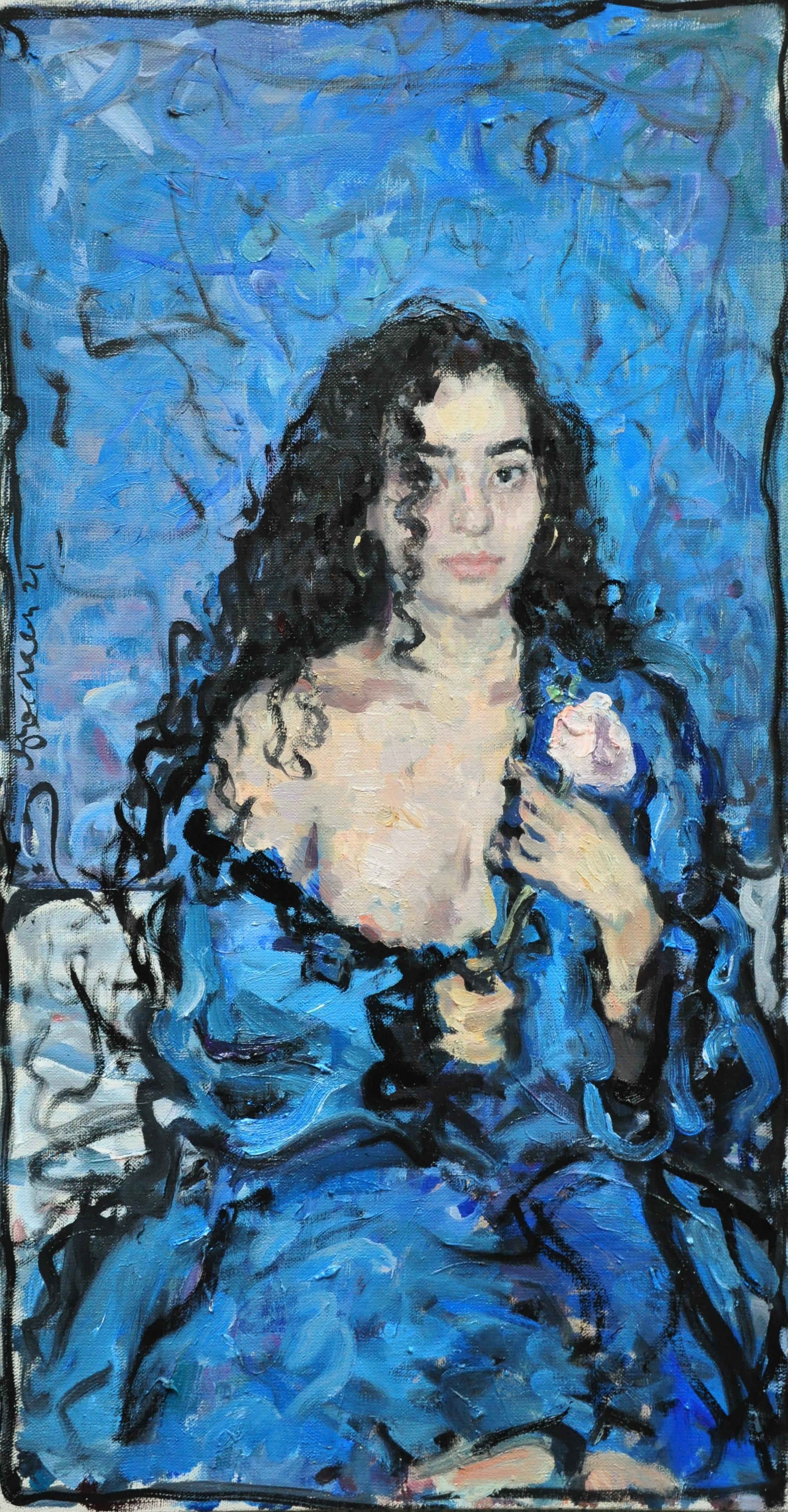 Girl With a Rose - 21st Century Contemporary Oil Female Portrait Painting