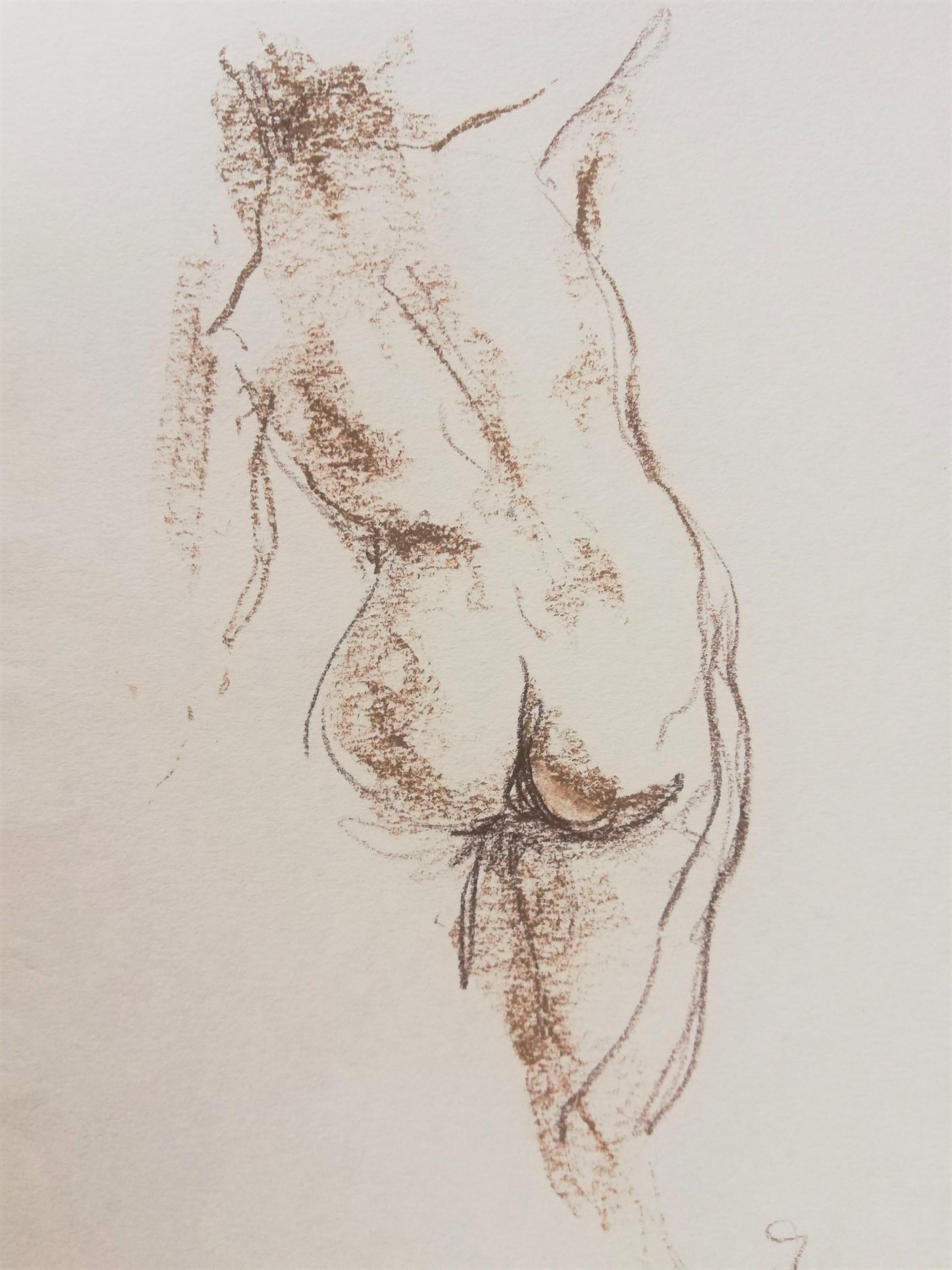 Yaroslava Tichshenko Figurative Art - Nude Sketch Nº1 - 21st Century Contemporary Minimal Sepia on Paper Nude Drawing