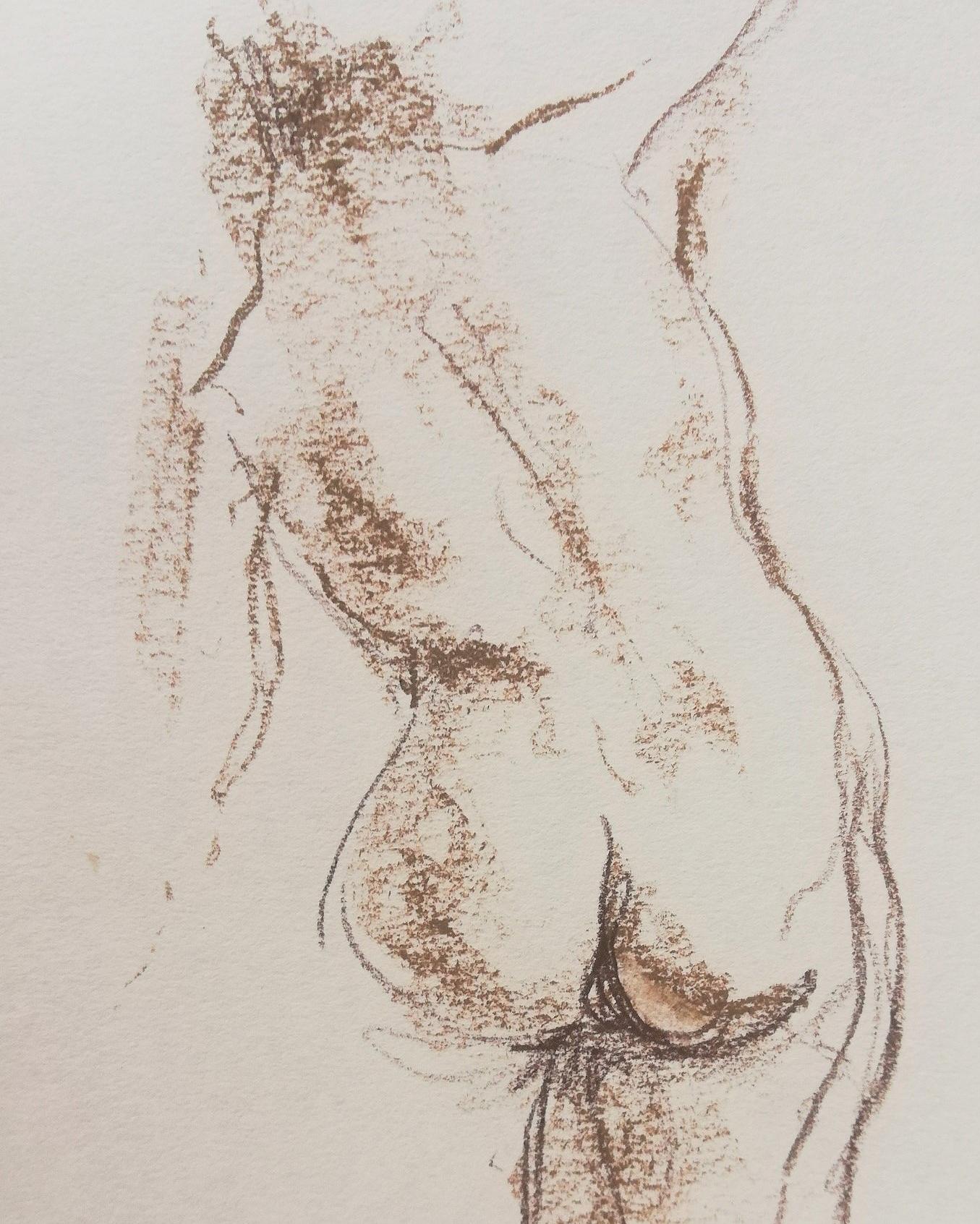 Nude Sketch Nº1 - 21st Century Contemporary Minimal Sepia on Paper Nude Drawing - Beige Figurative Art by Yaroslava Tichshenko