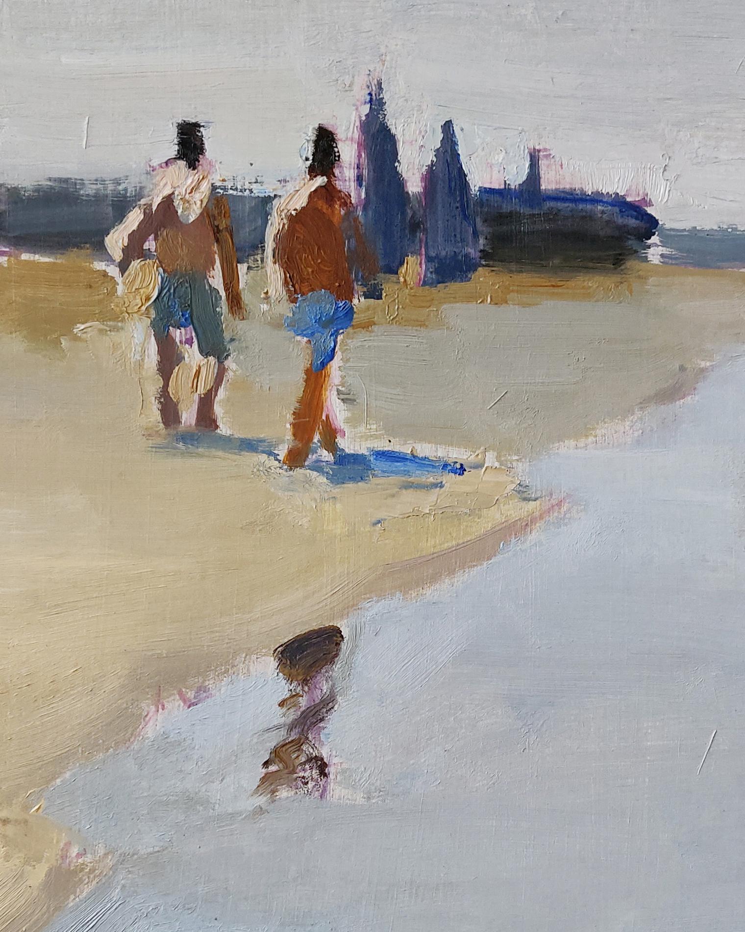 Executed with extraordinary painterly fluency and spontaneity, this beach scene immediately invokes the atmosphere of a nonchalant day spent on a beach. Short staccato brushstrokes used to render the figures and the sea foam alternate with the