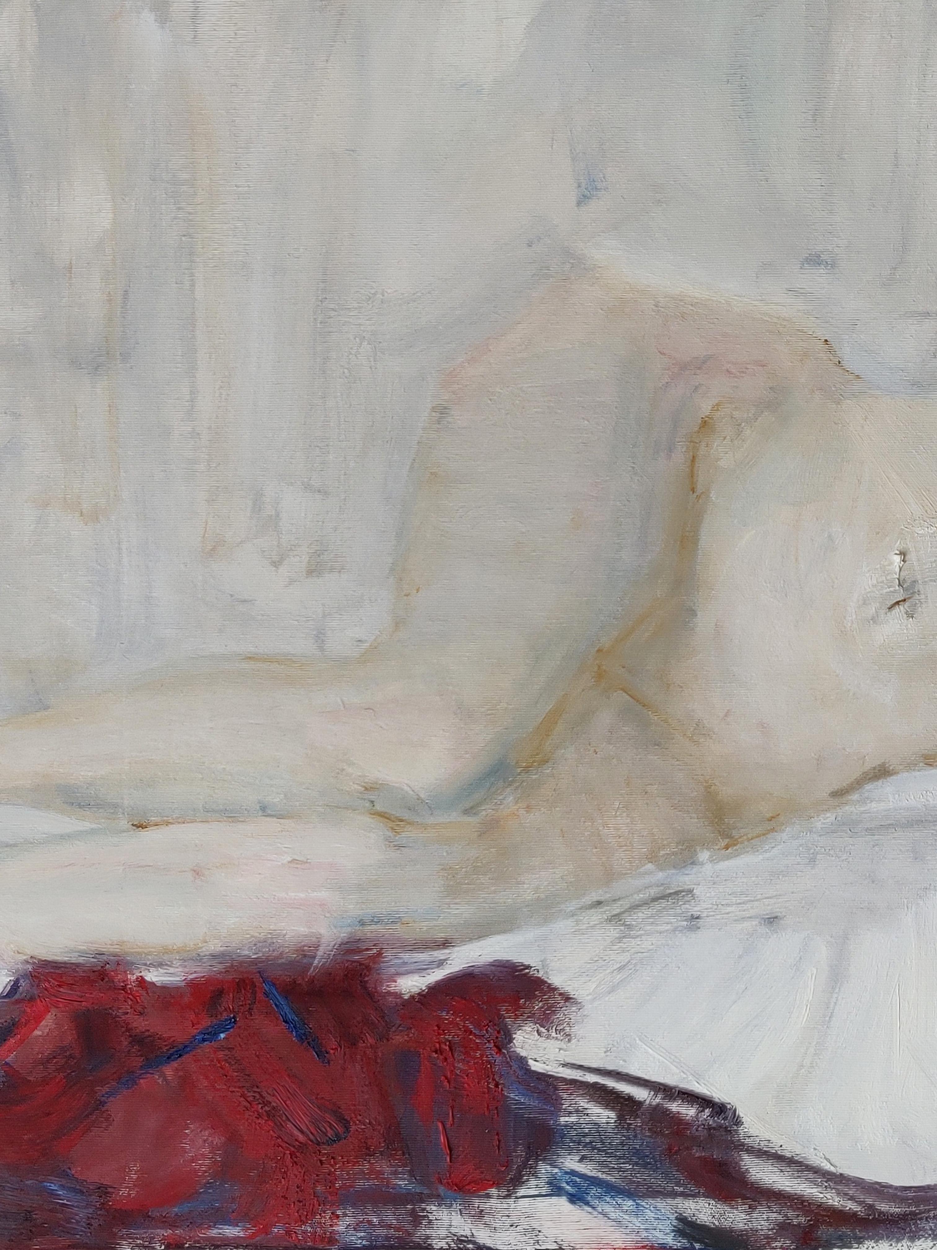 Reclining Nude - 21st Century Contemporary Impressionist Oil Painting - Gray Nude Painting by Yuriy Ushakov
