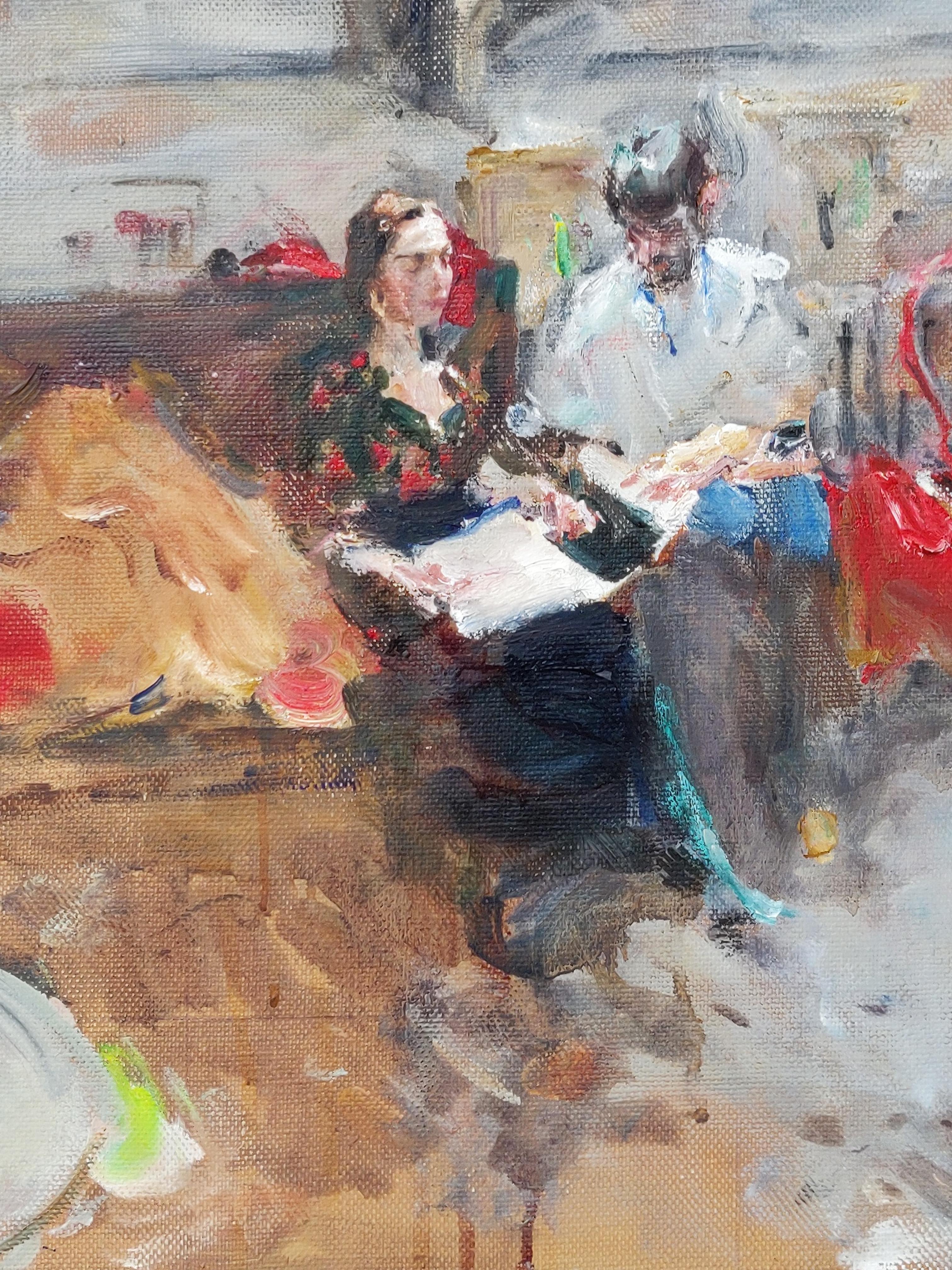 Artist Friends in the Studio - 21st Century Contemporary Impressionist Painting - Brown Figurative Painting by Yuriy Ushakov