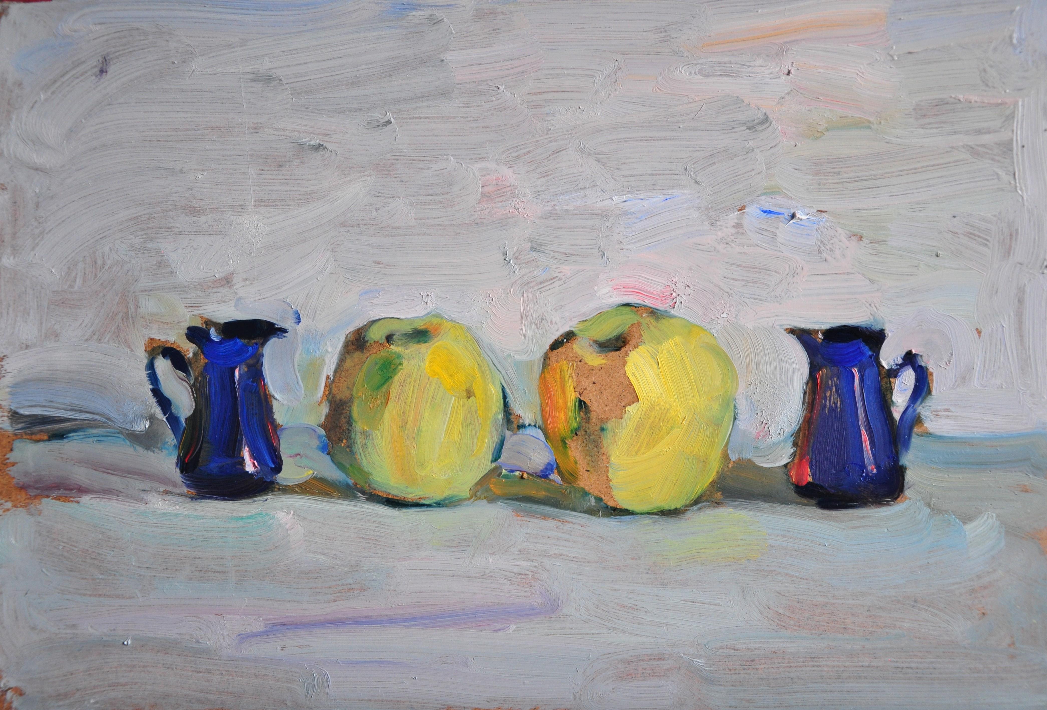 In "Two Blue, Two Yellow" by Yaroslava Tichshenko, with a limited alphabet of boldly coloured apples and disproportionately tiny jugs, the artist creates an optimistic visual poem where shades of lime, gold, and deep ultramarine vibrate against the