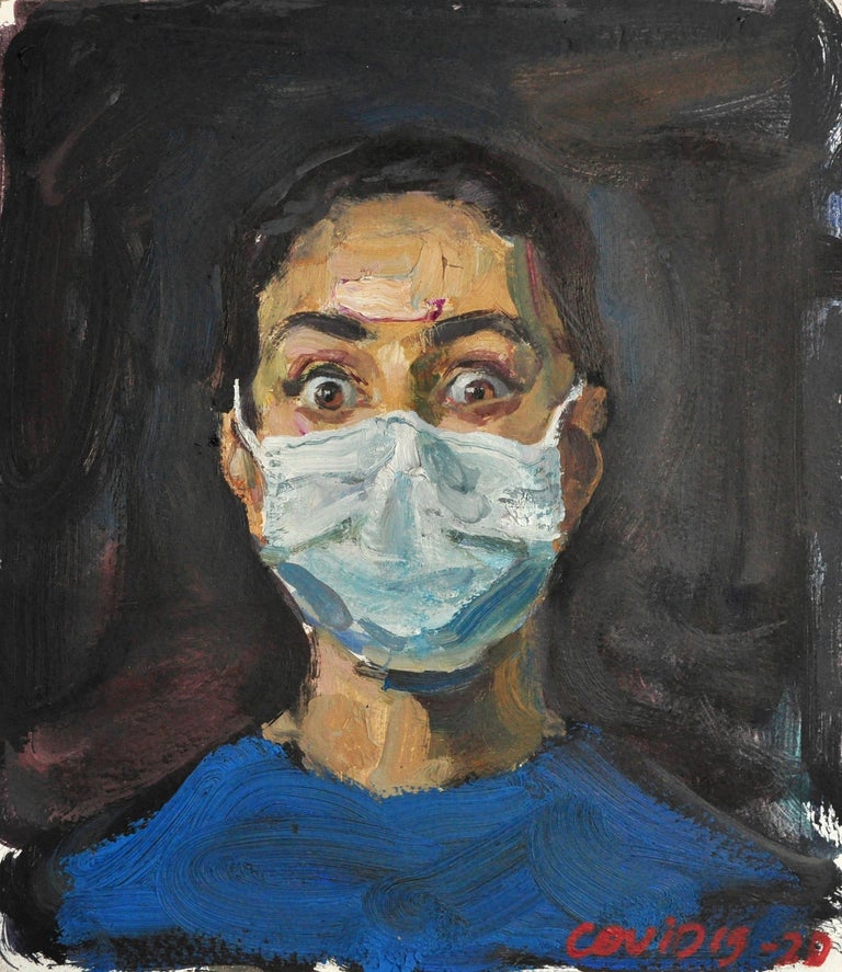 COVID-19 - Yaroslava Tichshenko 21st Century Contemporary Portrait Oil Painting  - Black Portrait Painting by Yaroslava Tichshenko