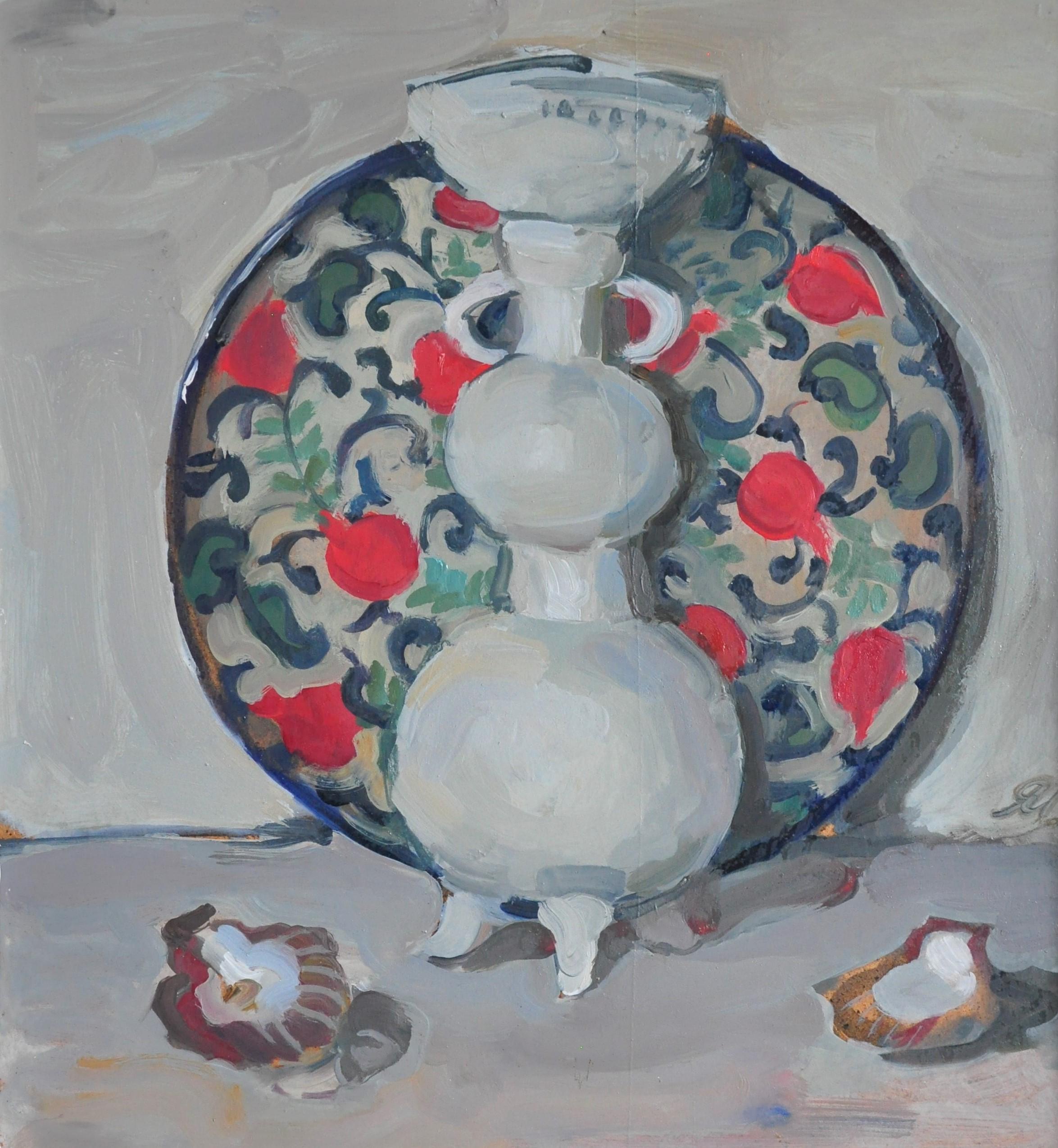 In this painting "Vase and Dish With Pomegranate", Yaroslava Tichshenko gracefully juxtaposes the opposites – natural with the manmade, rustic with the elaborate, nuanced greys with dazzling bursts of carmin, simplicity with ornateness. As such this