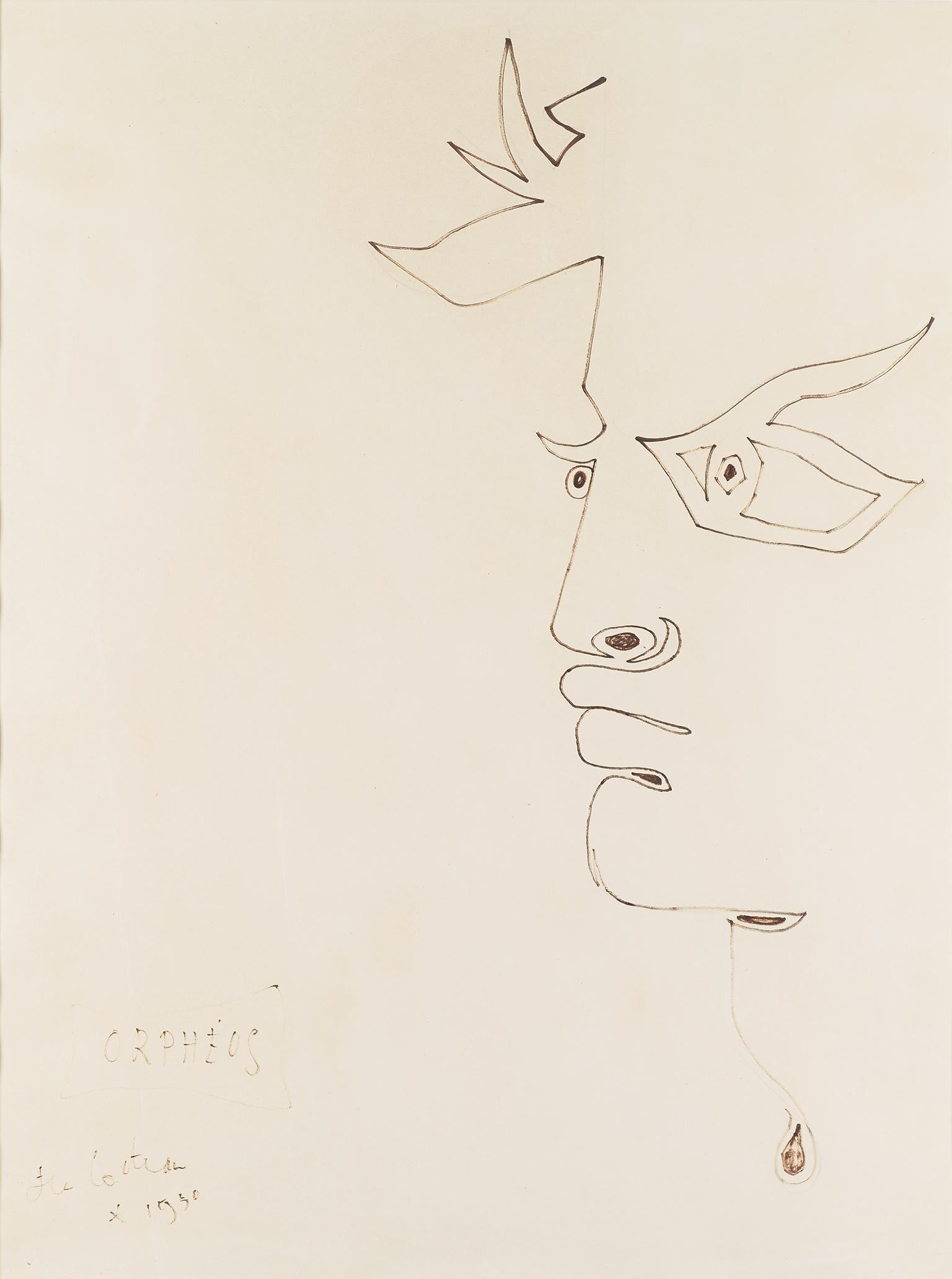 "Orphéus " profil .original drawing by Jean Cocteau . certified .