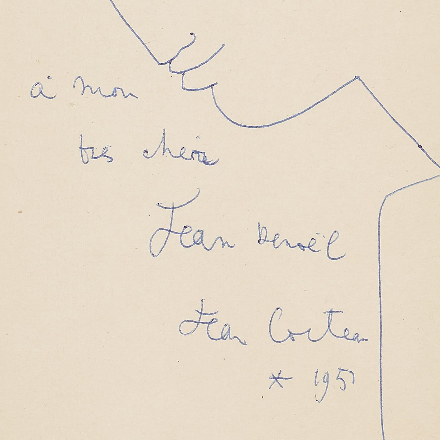 Original-Tuschezeichnung von Jean Cocteau, signiert und datiert 1951.
gerahmt unter Glas in Museumsqualität.
Zeichnung : 22,6 x 14,2 cm .
Das 